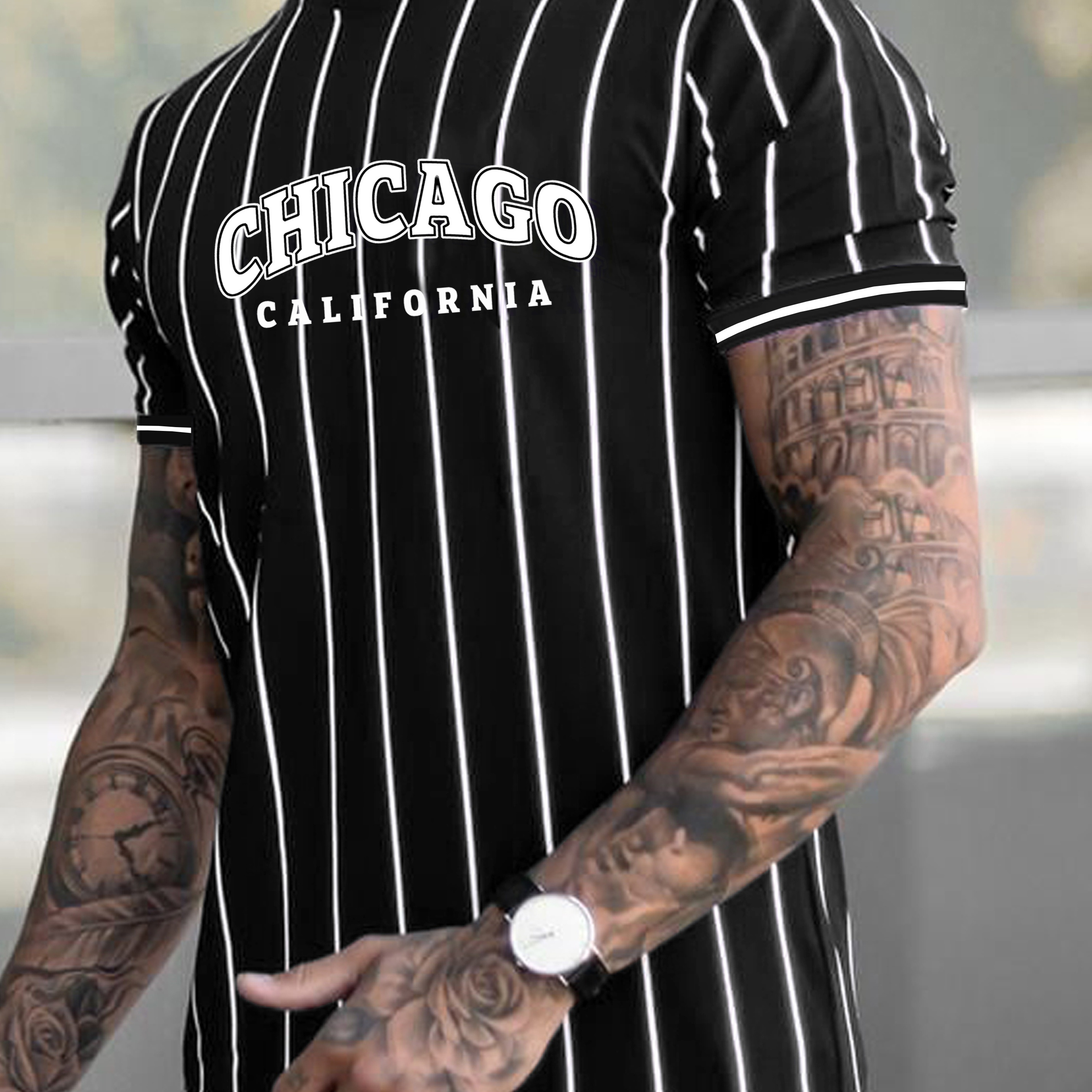 

Men's Chicago Print Striped T-shirt, Casual Short Sleeve Crew Neck Tee, Men's Clothing For Outdoor