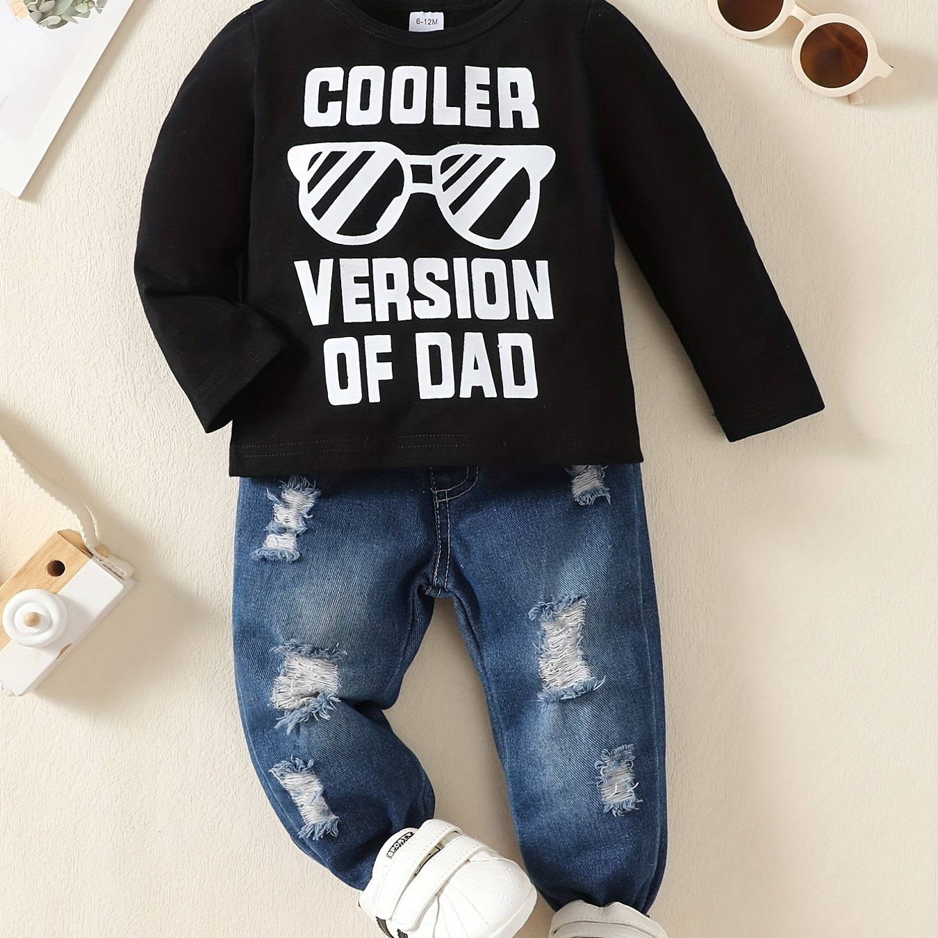

Toddler Baby Boys Trendy Casual Outfit, Cooler Version Of Dad Letter Print Long Sleeve Top & Ripped Jeans Set