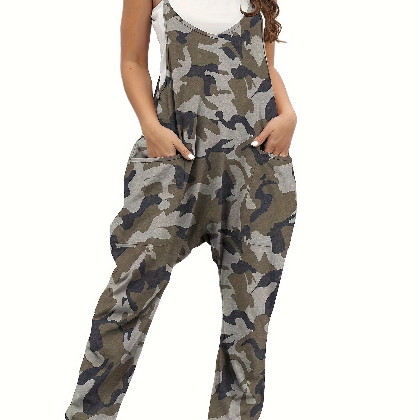 

Floral Print Cami Overall Jumpsuit, Casual V Neck Sleeveless Loose Overall Jumpsuit With Pocket, Women's Clothing