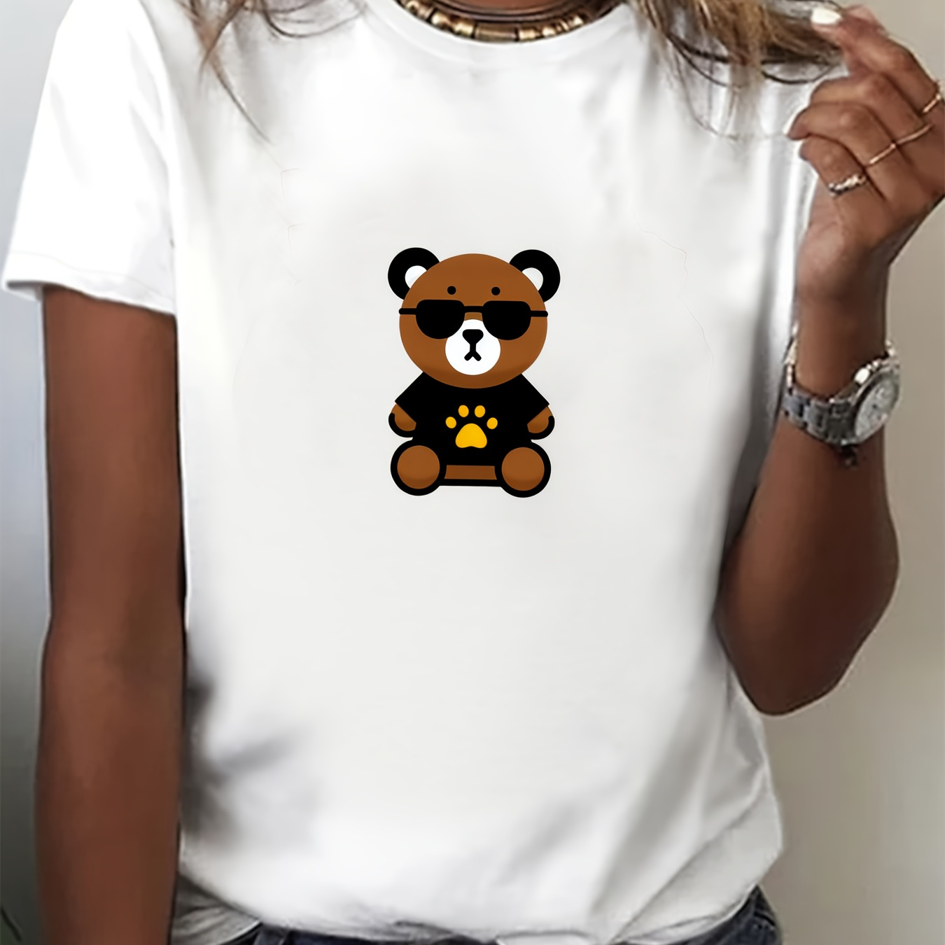 

Cool Bear Print T-shirt, Casual Short Sleeve Crew Neck Top For Spring & Summer, Women's Clothing
