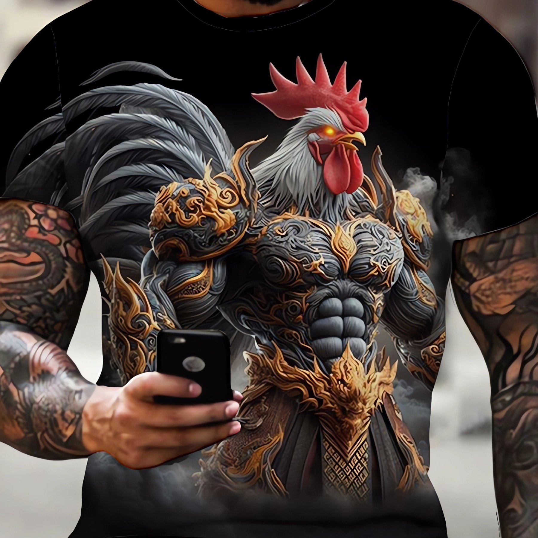 

3d Digital Rooster Pattern Crew Neck And Short Sleeve T-shirt, Novel And Chic Tops For Men's Summer Street Wear