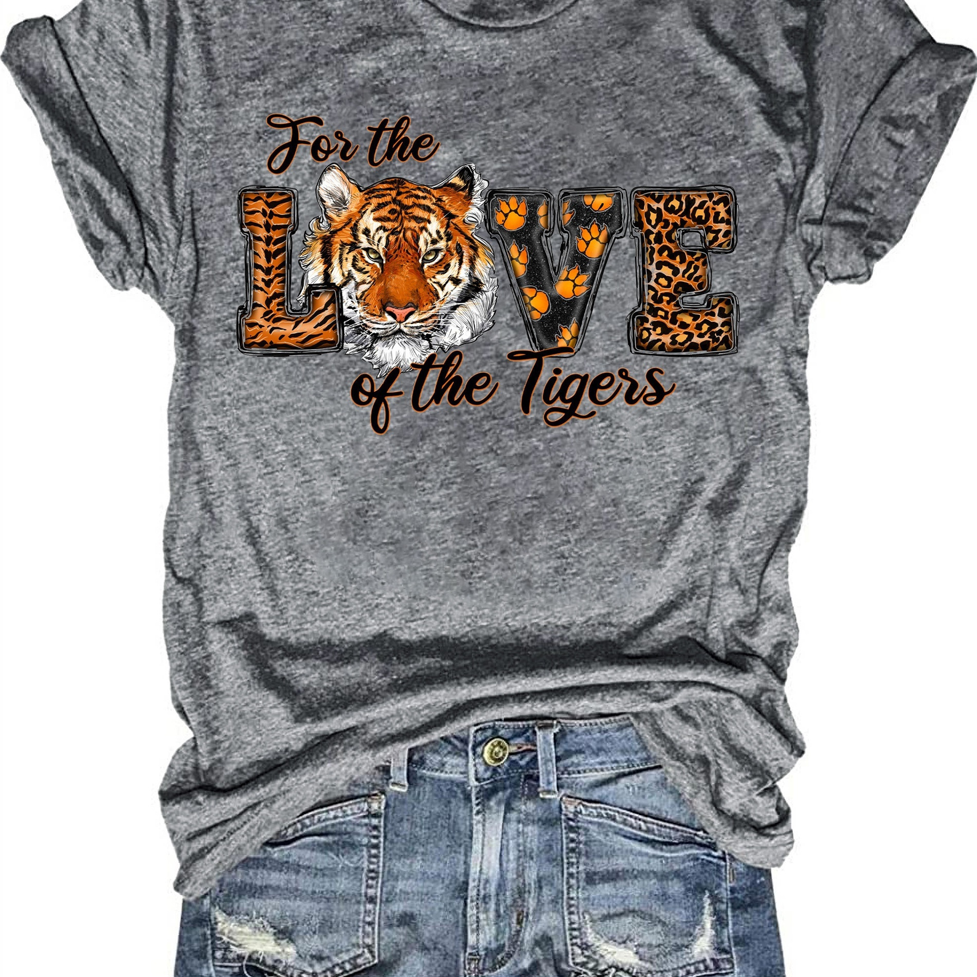 

Letter & Tiger Print Crew Neck T-shirt, Casual Short Sleeve T-shirt For Spring & Summer, Women's Clothing
