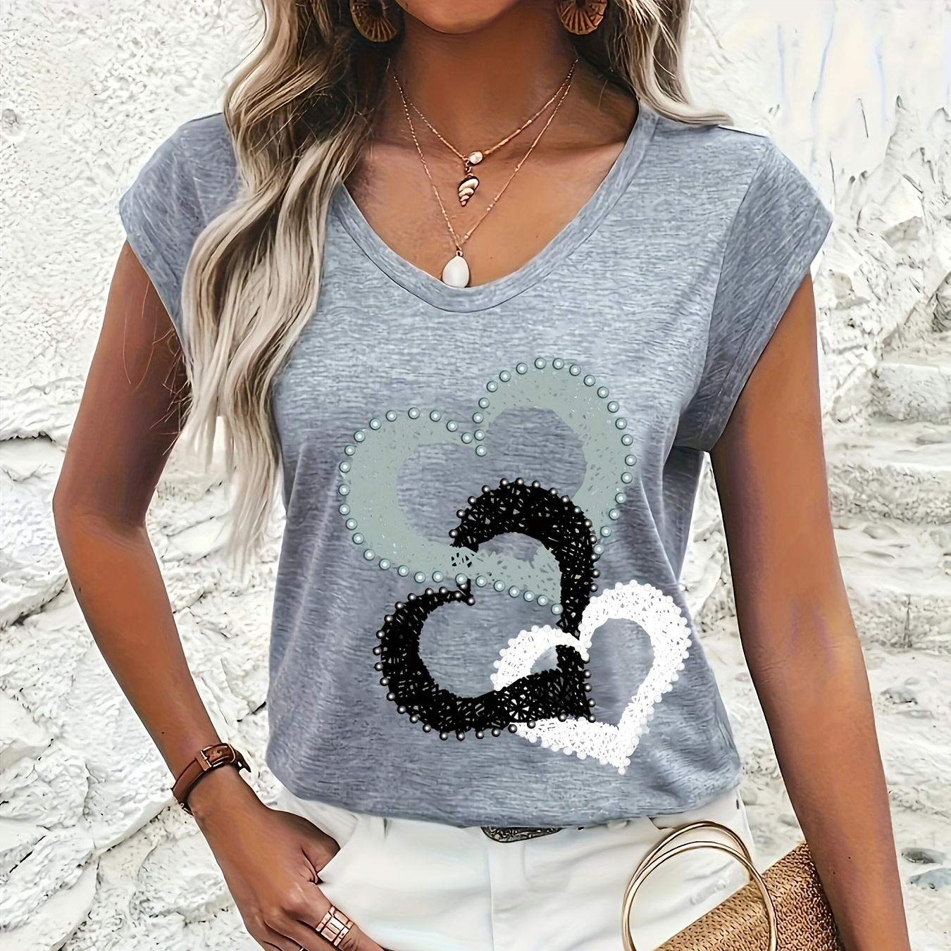 

Heart Print V Neck T-shirt, Casual Cap Sleeve Top For , Women's Clothing