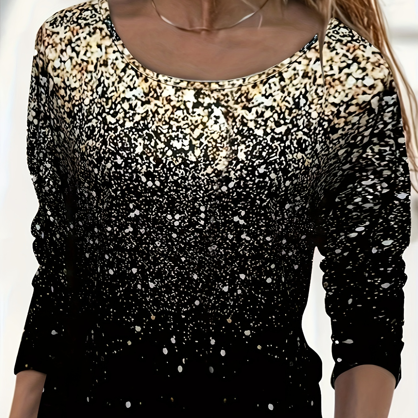 Sequins Print Crew Neck T-Shirt, Casual Long Sleeve Top For Spring & Fall, Women's Clothing