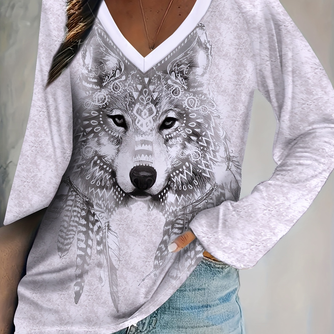 

Wolf Head Print V Neck T-shirt, Casual Long Sleeve Top For Spring & Fall, Women's Clothing