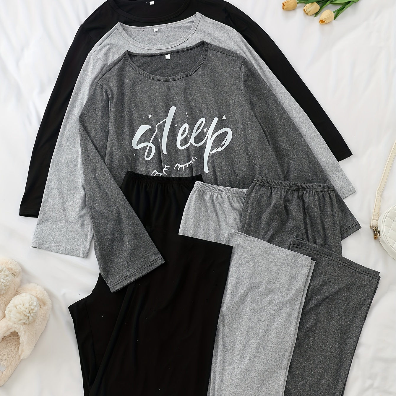 

3 Sets Plus Size Casual Pajama Set, Women's Eyelash & Letter Print Long Sleeve Top & Pants Loungewear Set For Fall & Winter