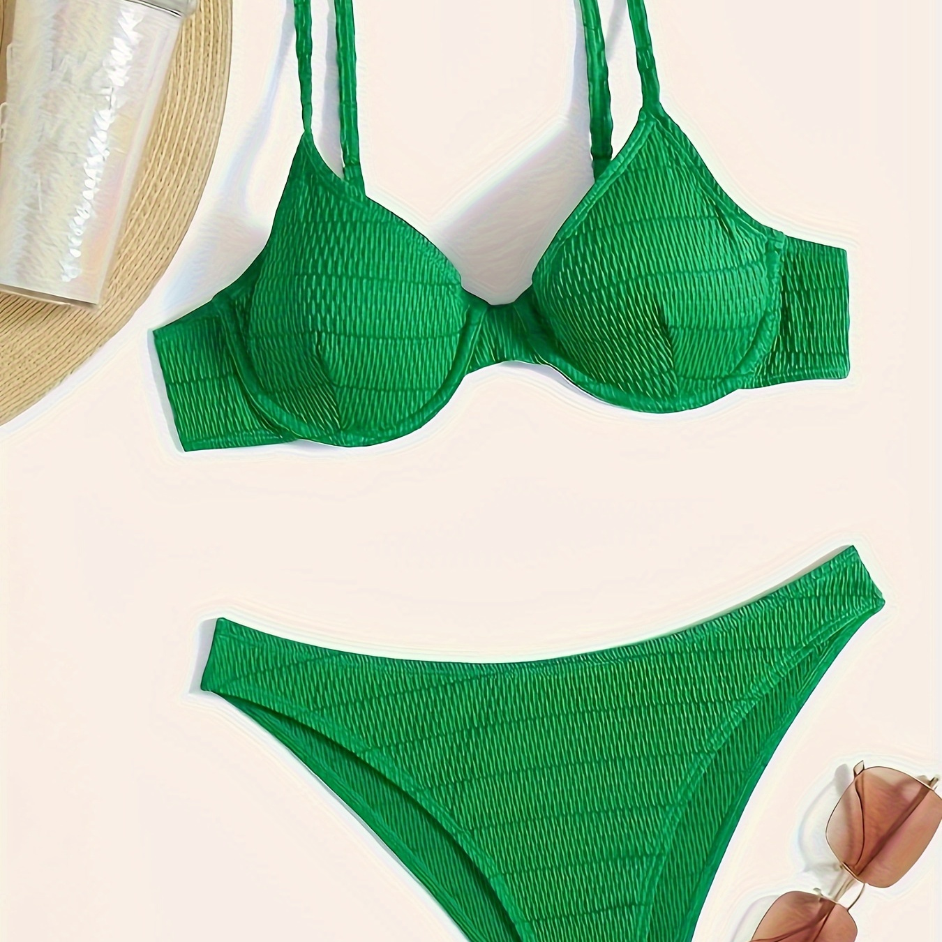 

Ensemble bikini 2 pièces unis, maillots de bain échancrés en V, vêtements de plage et de bain pour femmes