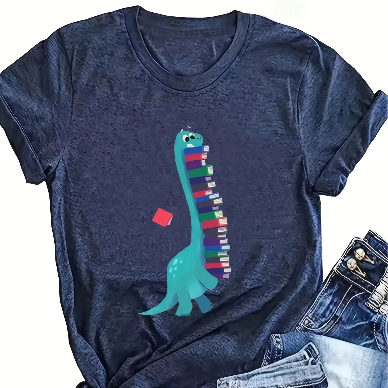 

Dinosaur & Book Print T-shirt, Short Sleeve Crew Neck Casual Top For Summer & Spring, Women's Clothing