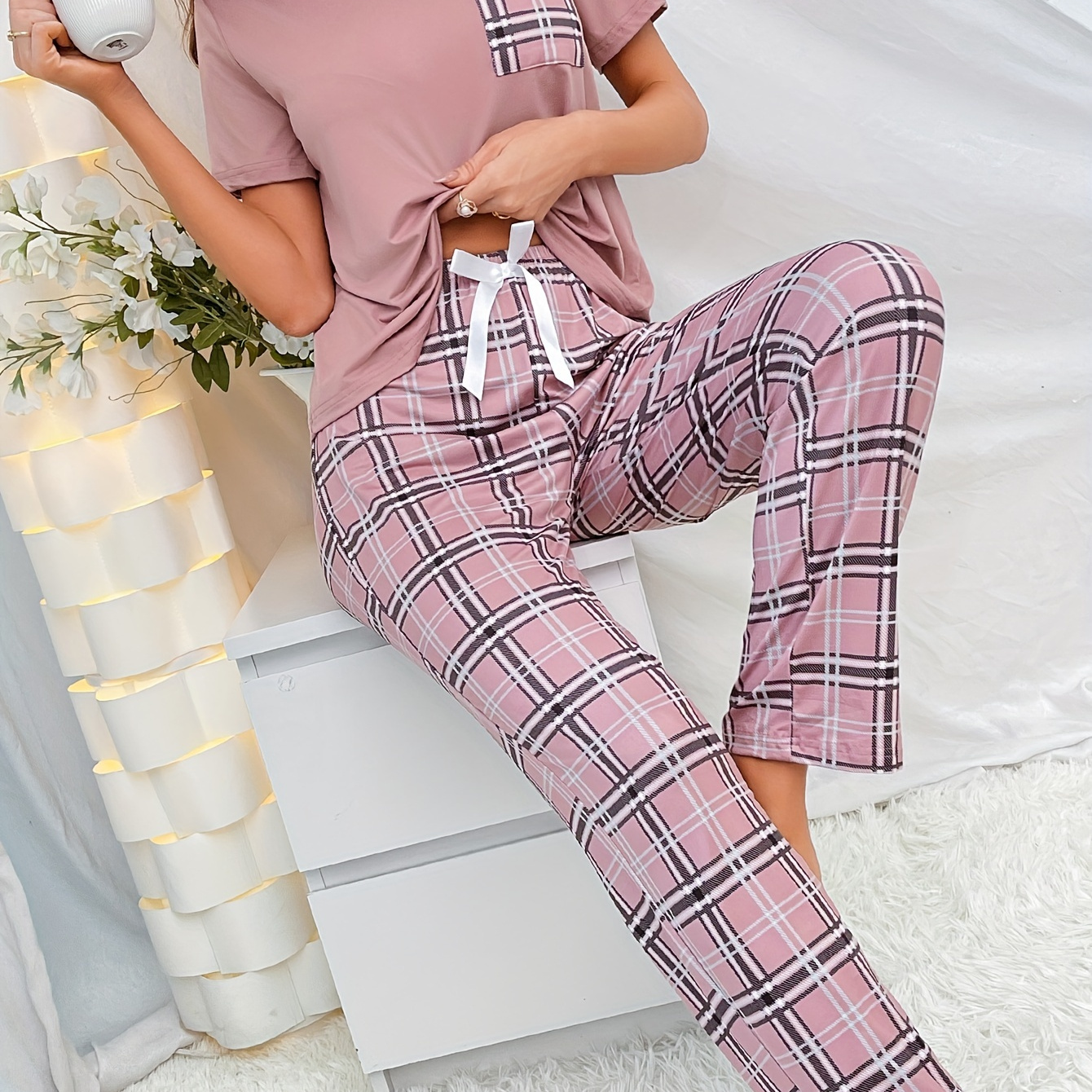 

Colorblock Plaid Print Pajama Set, Casual Short Sleeve Round Neck Top & Bow Pants, Women's Sleepwear