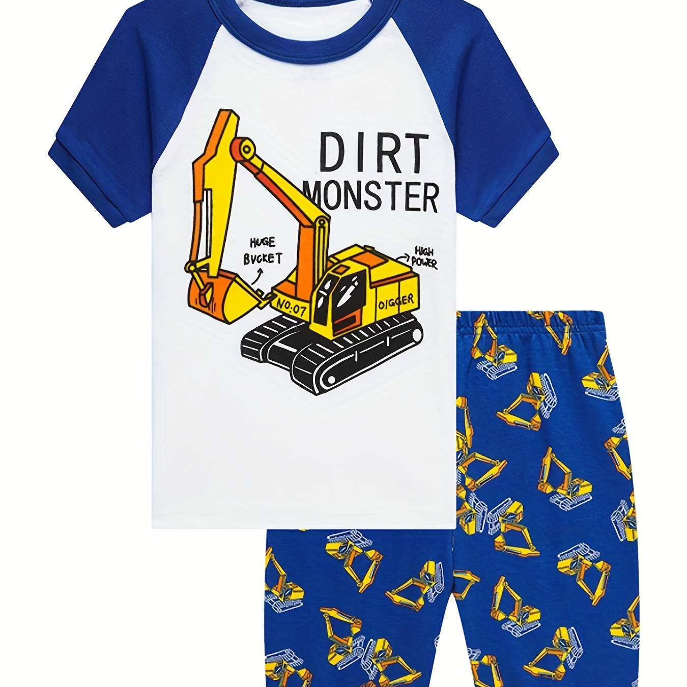 

2pcs Toddler Boys Cotton Pajamas Outfit Cartoon Excavator Graphic Crew Neck Raglan Sleeve T-shirt Top & Elastic Waist Shorts Sleepwear Loungewear Set Kids Summer Clothes