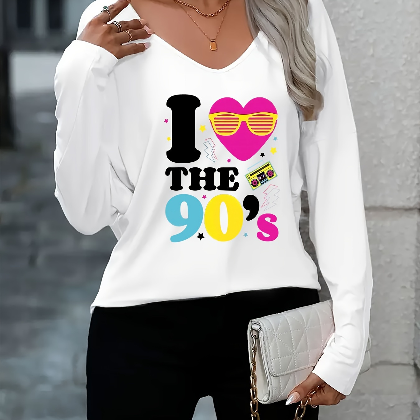 

Women's 90s Nostalgia Graphic Long Sleeve T-shirt - Polyester , Casual V-neck, Knit Fabric, Regular Length Top For All