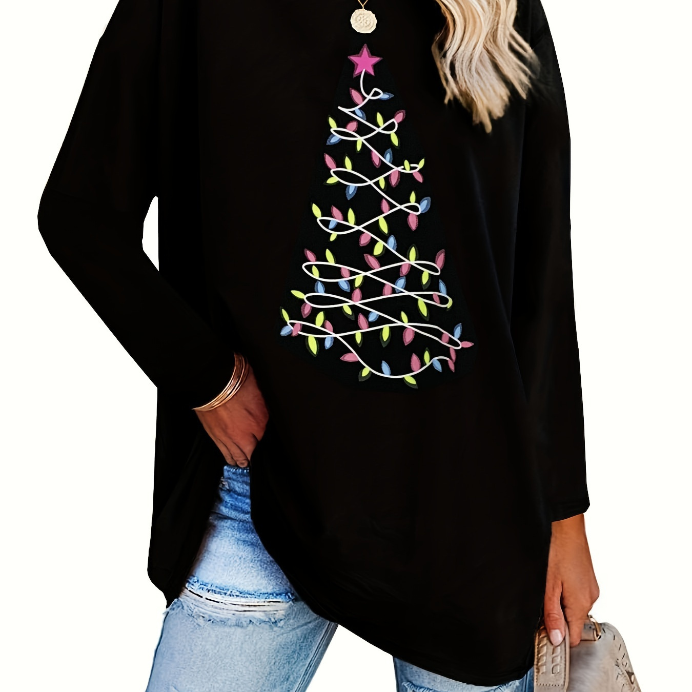 

Plus Size Christmas T-shirt, Women's Plus Christmas Tree Print Drop Shoulder Long Sleeve Round Neck Medium Stretch Tunic T-shirt