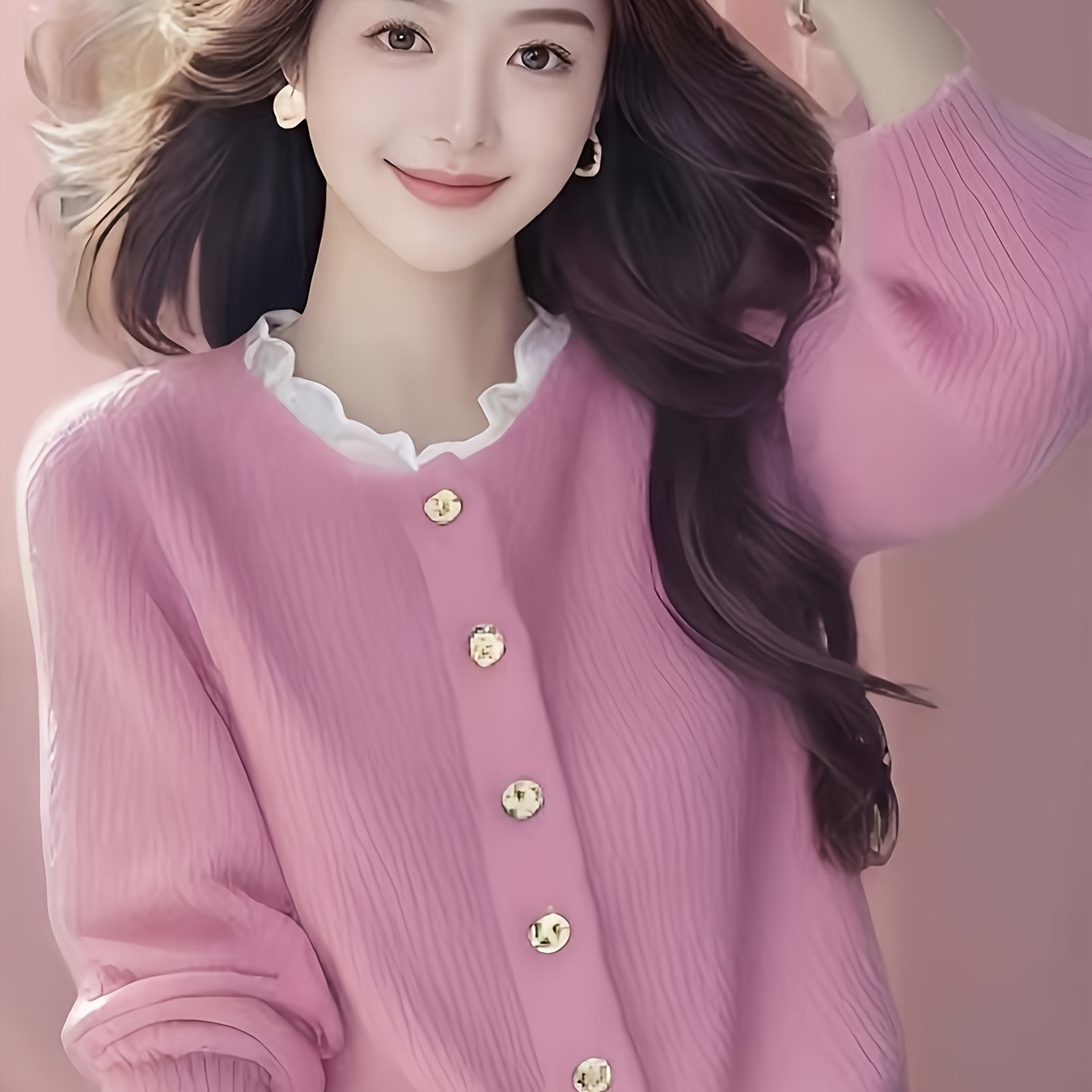 

Autumn And Winter Small Fragrance Pink Knitted Cardigan Sweater For Women Lazy Coat Short Thickened Warm Top