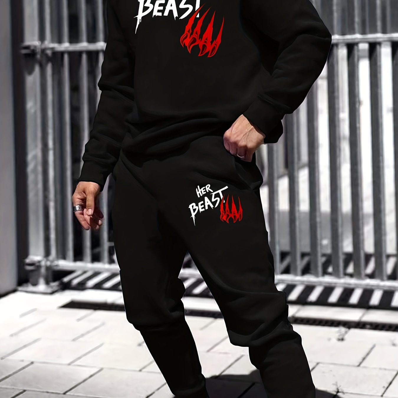 

Her/ His Beast Print, Men's 2pcs Outfits, Casual Crew Neck Long Sleeve Pullover Sweatshirt And Drawstring Sweatpants Joggers Set For Spring Fall, Men's Clothing As Gifts