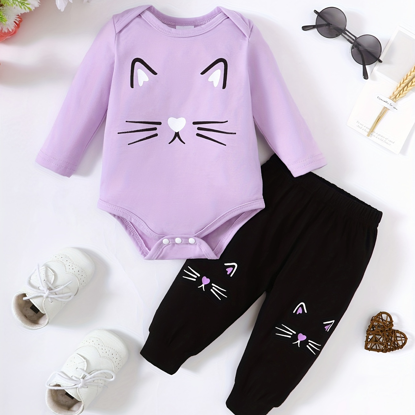 

Baby Cute Kitten Print Long Sleeve Romper & Trousers Set