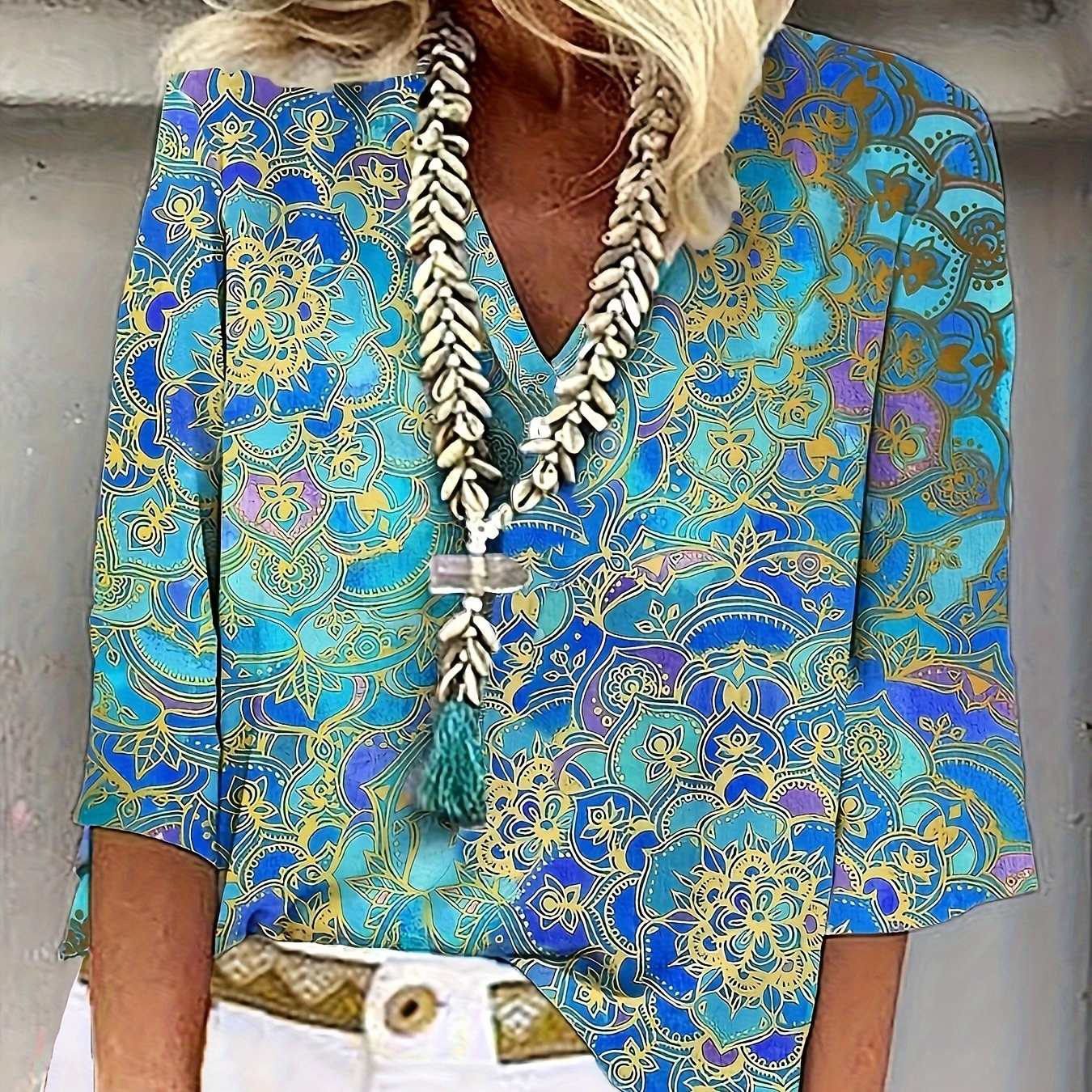 

Print -quarter Sleeve Blouse, Casual V Neck Blouse For Summer & Spring, Women's Clothing