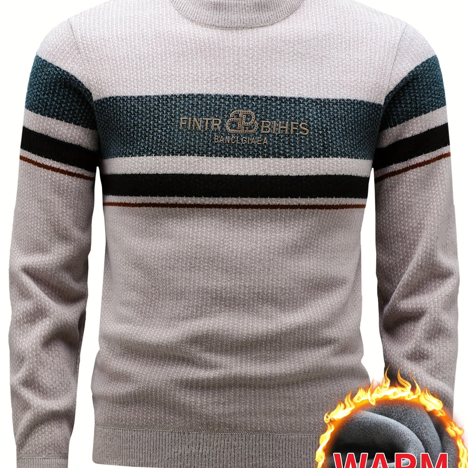 

Men's Letters Pattern Striped Fleece Knitted Pullover, Casual Long Sleeve Crew Neck Warm Sweater For