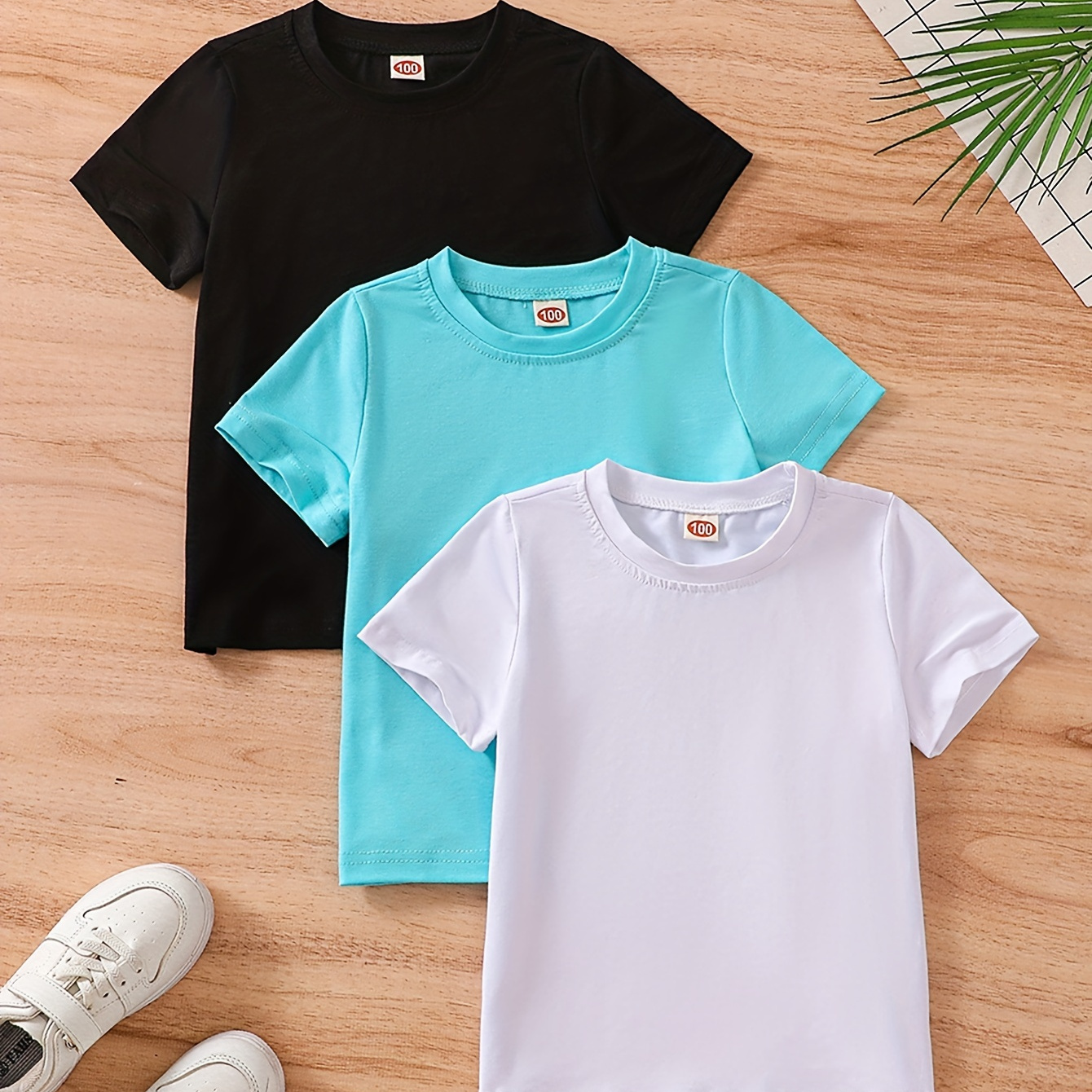 

3pcs Boys Solid Color Creative T-shirt, Casual Lightweight Comfy Short Sleeve Tee Tops, Boys Clothes For Summer