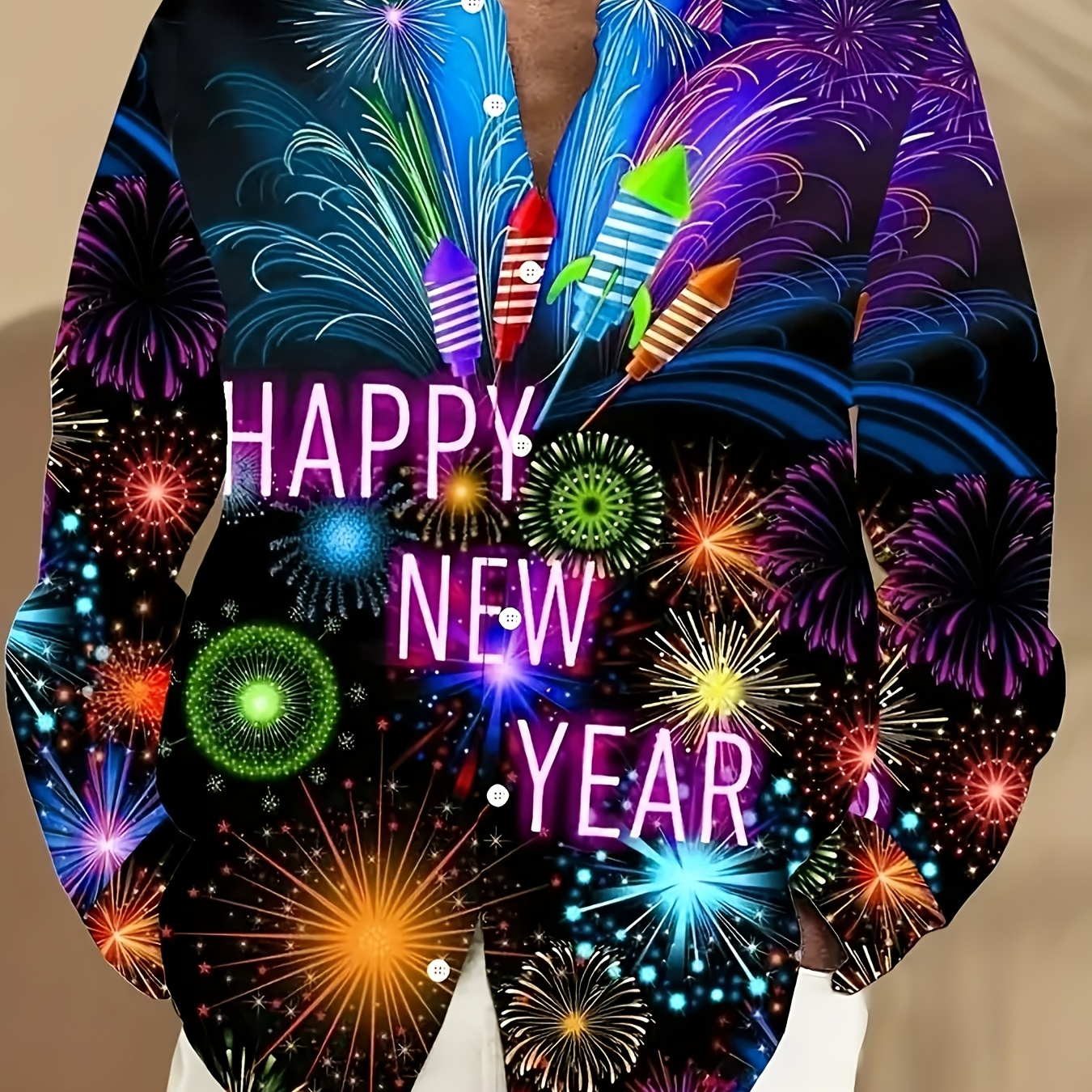 

Men's New Year 3d Fireworks Happy New Year Print Vintage Holiday Casual Button-up Shirt, Comfortable Polyester Fabric.