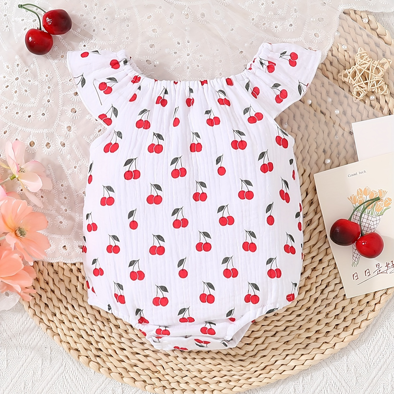 

Comfy Cotton Cherry All-over Print Infant's Bodysuit, Lovely Cap Sleeve Triangle Onesie, Baby Girl's Clothing