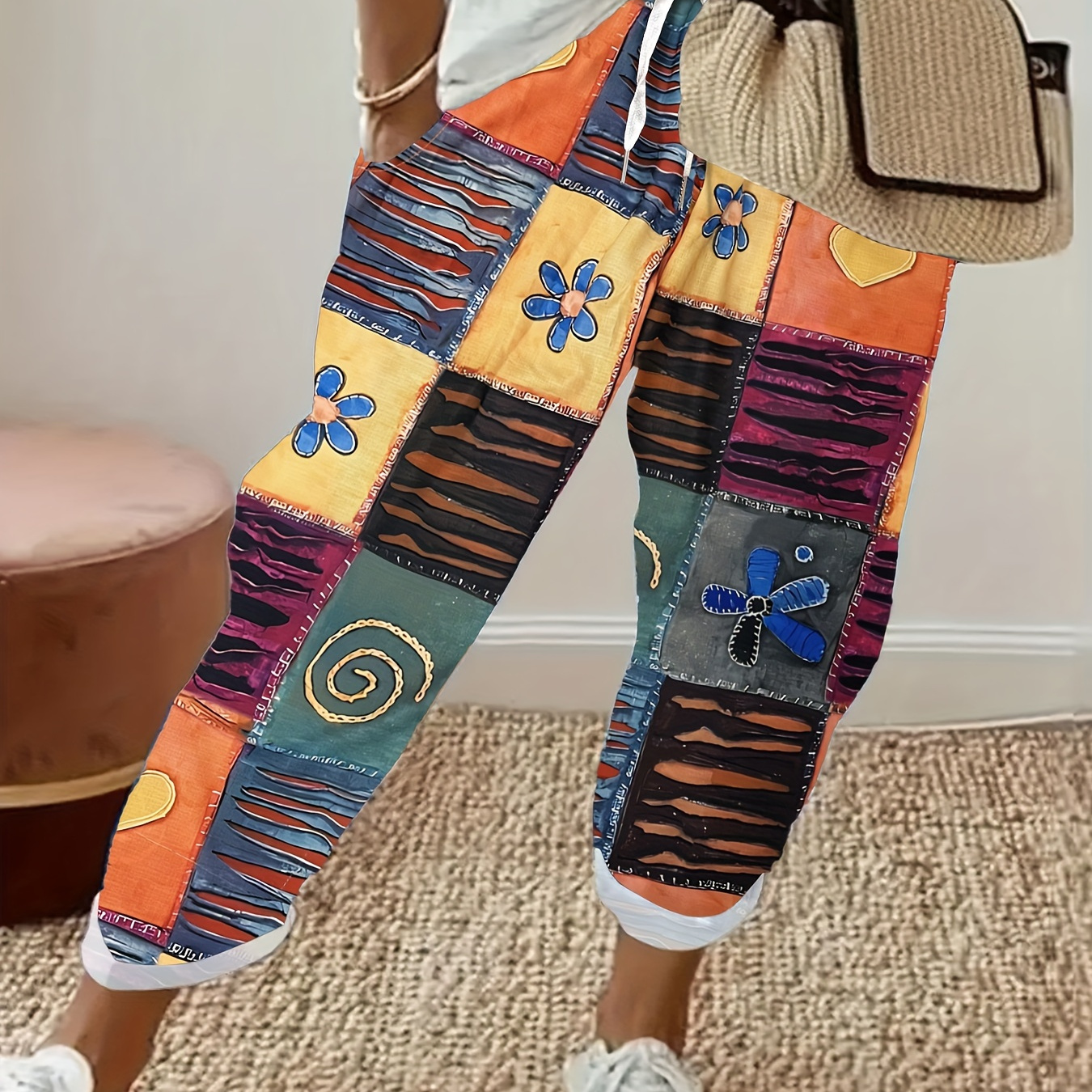 

Floral Print Straight Leg Pants, Casual Drawstring Waist Pants For Spring & Summer, Women's Clothing
