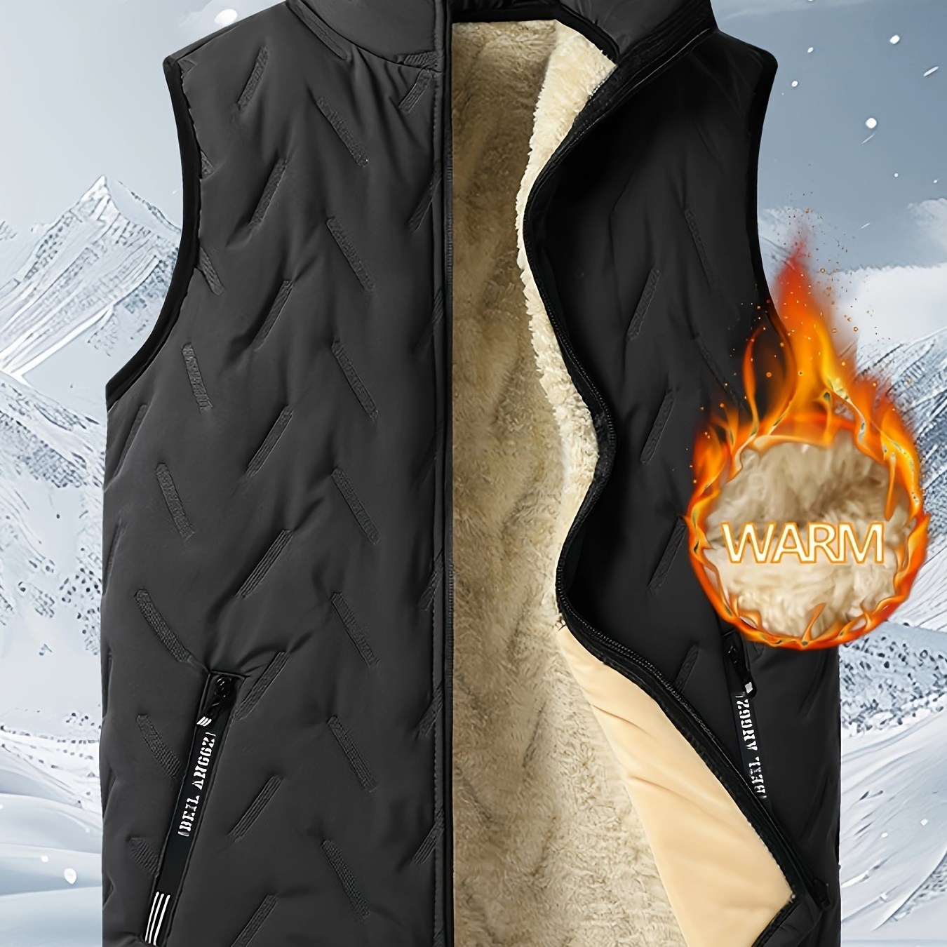 

[1pc Men's Fleece Lined Vest] 1pc Men's Casual Sleeveless Jacket, Polyester Fleece Lined Warm Vest With Stand Collar, Solid Color, Regular Fit, Pocket Detail, Regular Length, Autumn/winter Outerwear