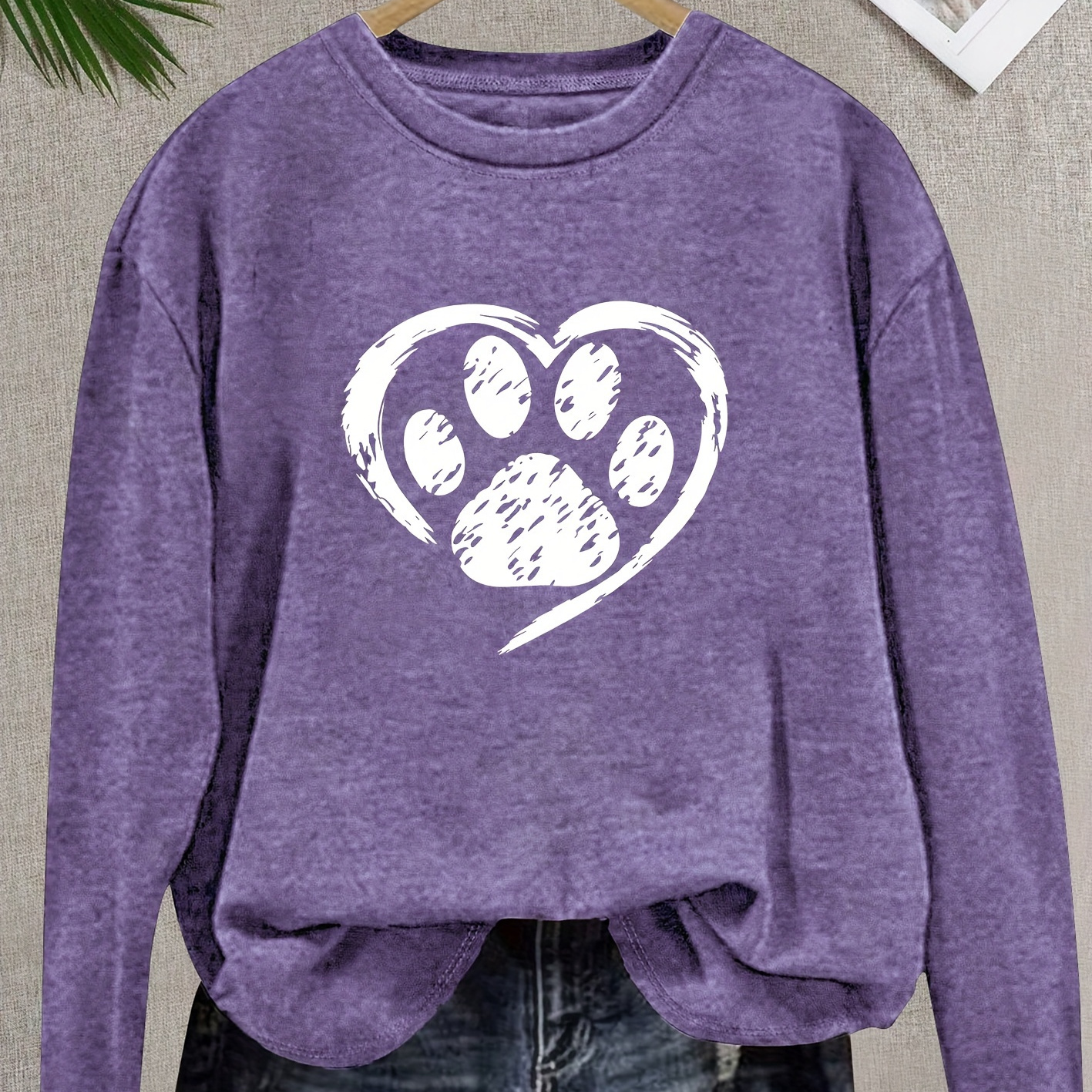 

Heart Animal Paw Print Comfortable Breathable T-shirt, Casual Crew Neck Long Sleeve Sports Tops For Summer, Women's Clothing