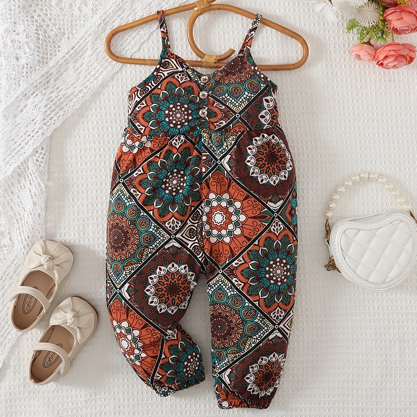 

Baby Girls Ethnic Printed High Stretchy Pleated Flower Pattern Jumpsuit