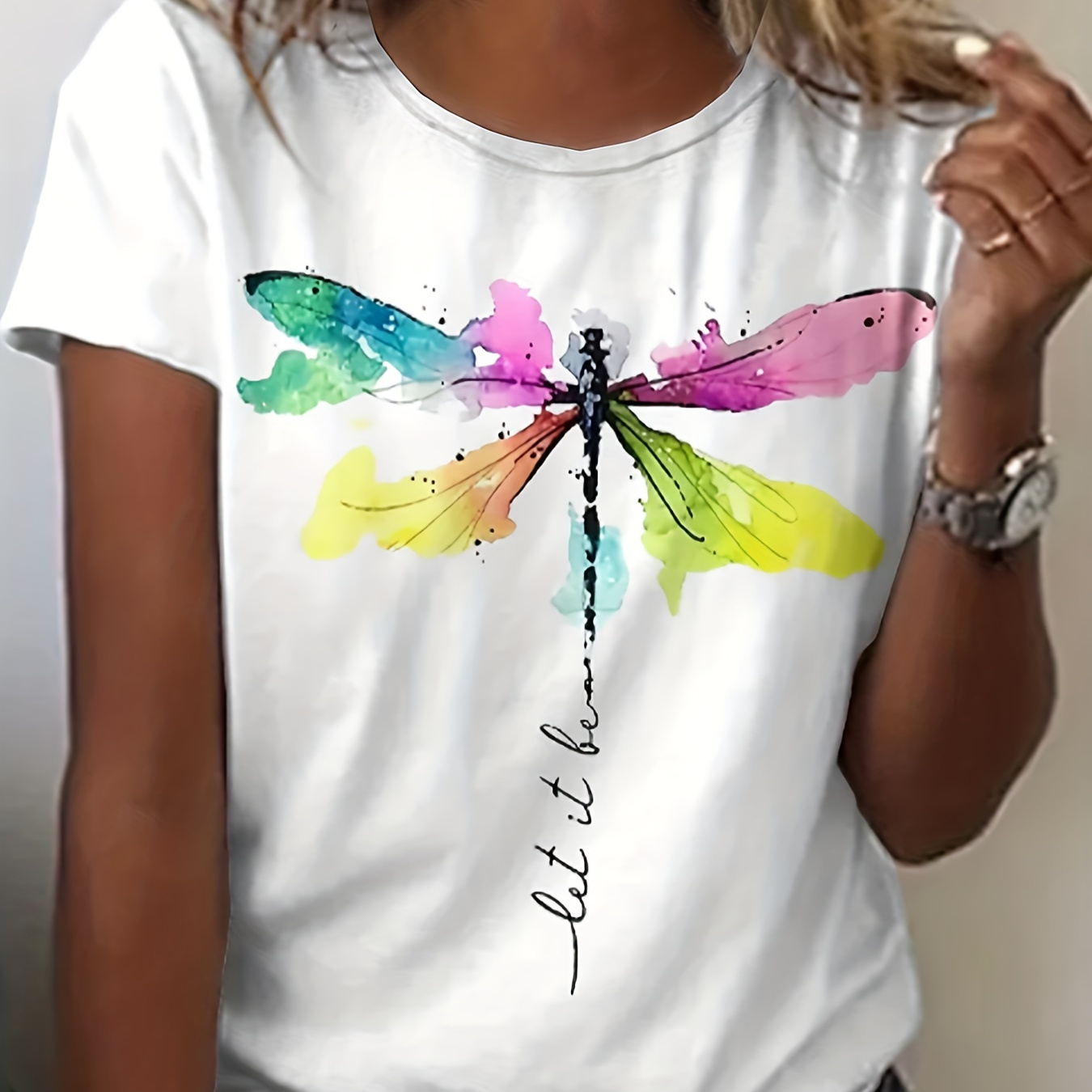 

Plus Size Casual T-shirt, Women's Plus Dragonfly & Art Letter Print Short Sleeve Round Neck T-shirt