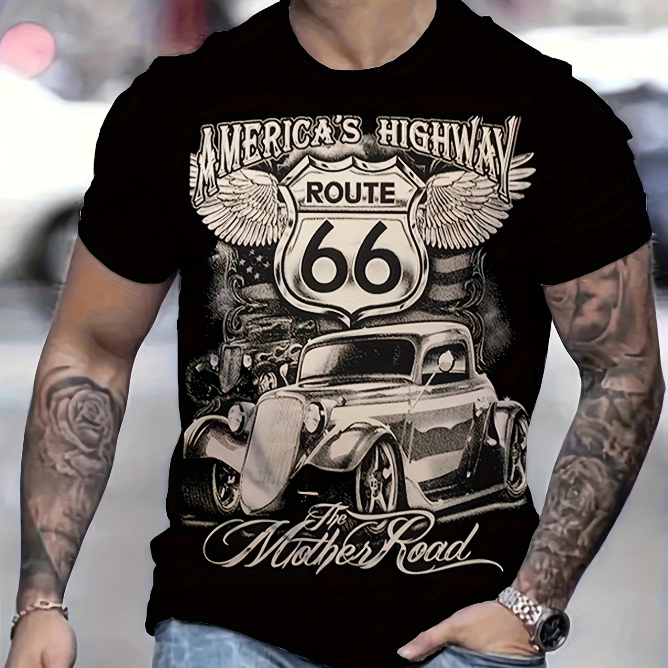 

Men's Retro Route 66 Graphic Tee - Breathable, Oversized Casual T-shirt With Crew Neck For Summer, Plus Size