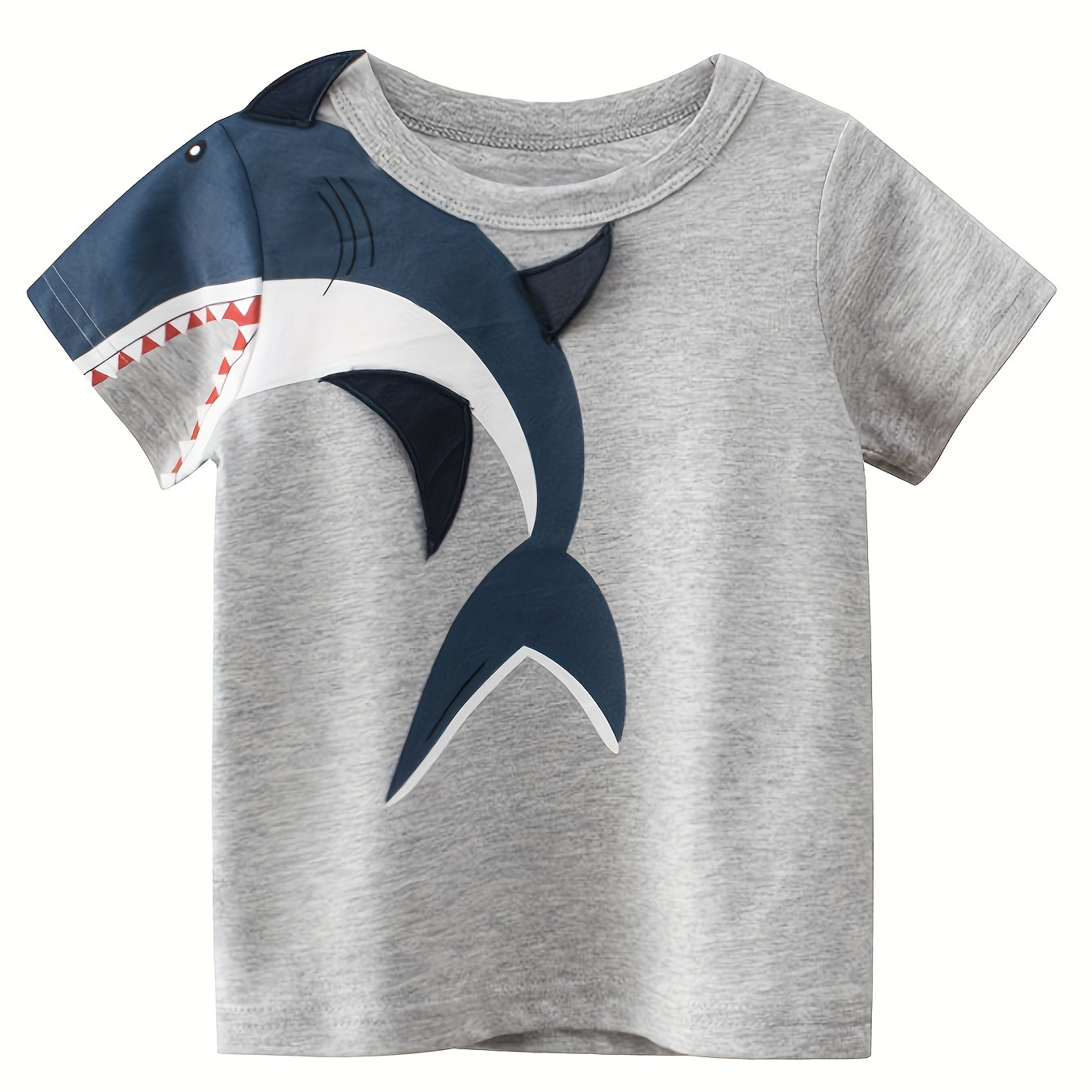 

Boys Cotton Round Neck T-shirt Three-dimensional Shark Print Grey Short Sleeve Tees Top Summer Clothes