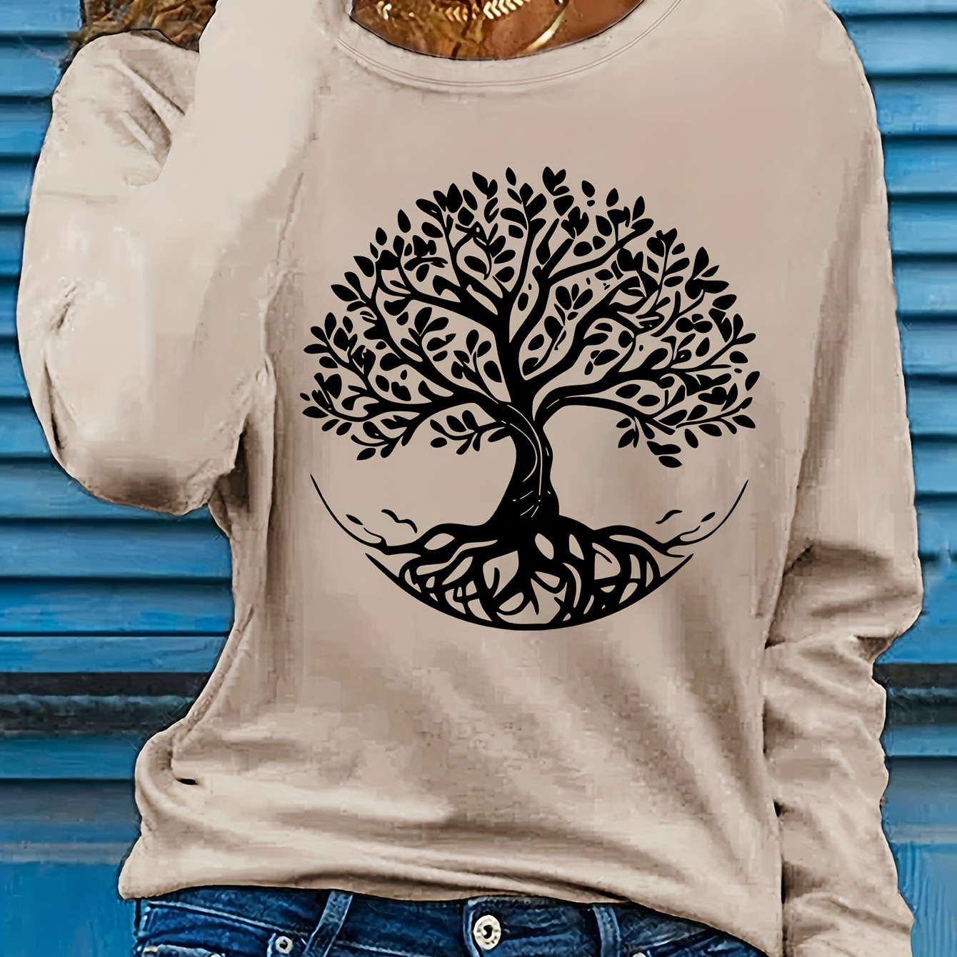 

1pc Women's Casual Long Sleeve T-shirt With Tree Of Life Graphic, Round Neck, Polyester Knit, Regular Fit, All