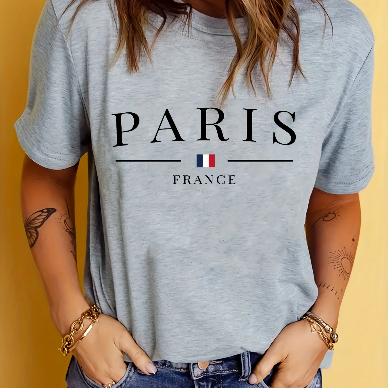 

Plus Size Paris Print T-shirt, Casual Short Sleeve Top For Spring & Summer, Women's Plus Size Clothing