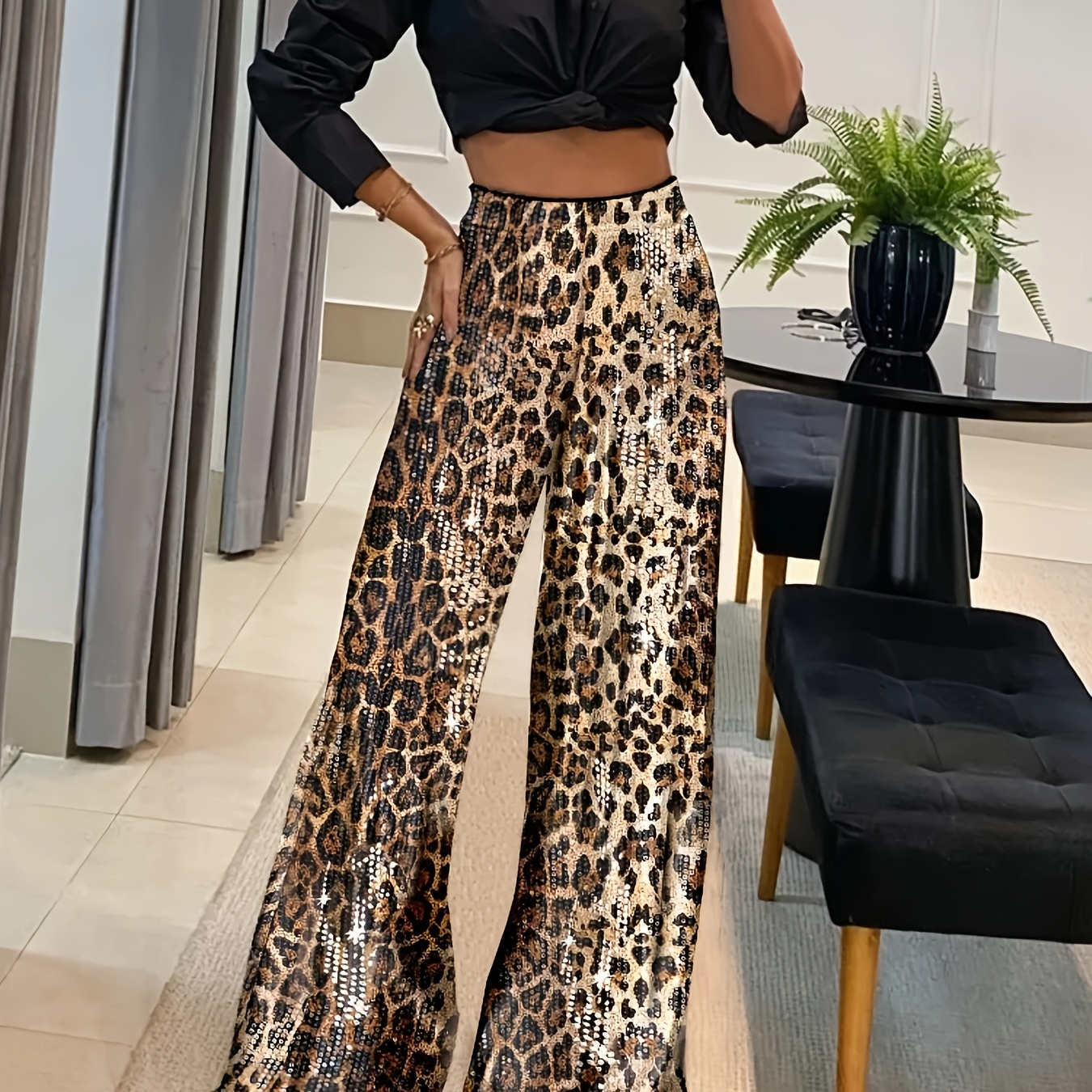 

Leopard Print Sequin Wide-leg Pants For Women - Stretchy Polyester , Machine Washable - Spring/fall Parties