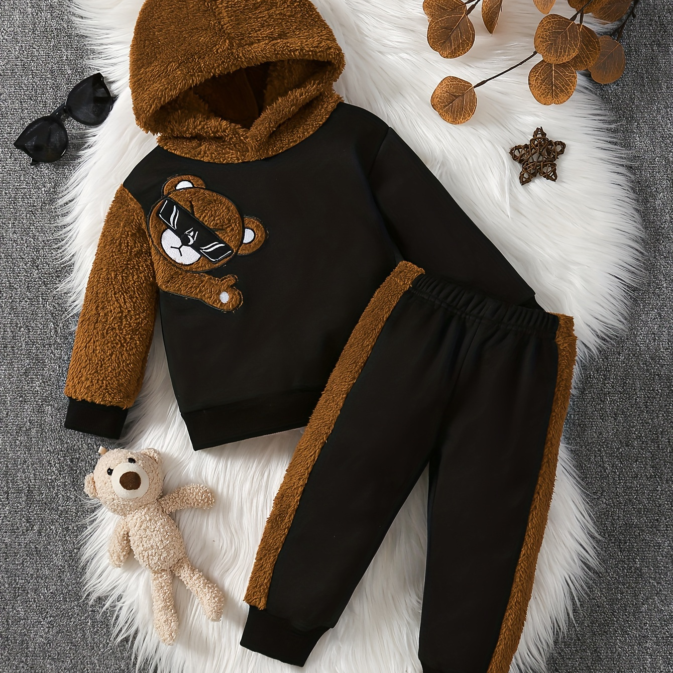 

2pcs 's Sunglasses Bear Embroidery Fuzzy Splicing & Pants, Toddler & Infant Boy's Clothing Set For Fall , Cloth