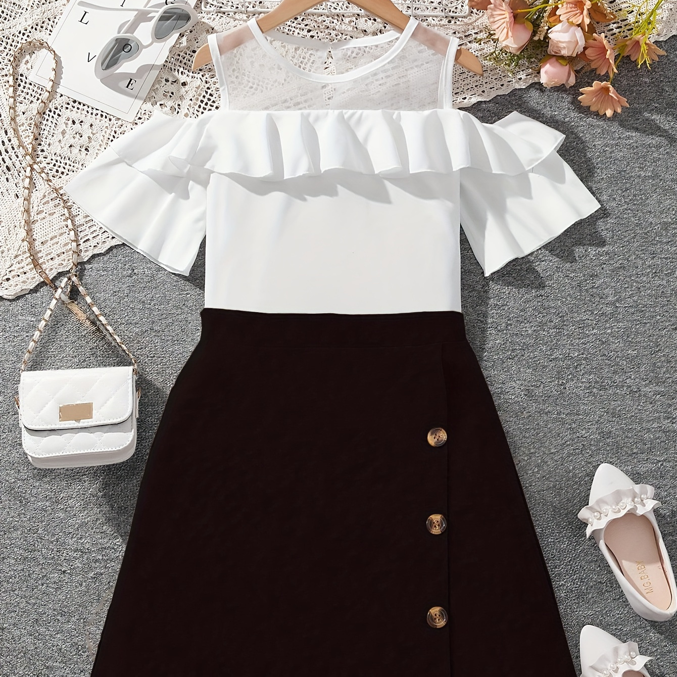 

2-piece Girl's Elegant Outfit, Mesh Cold Shoulder Top + Buttons Short Skirt Set Summer Clothes