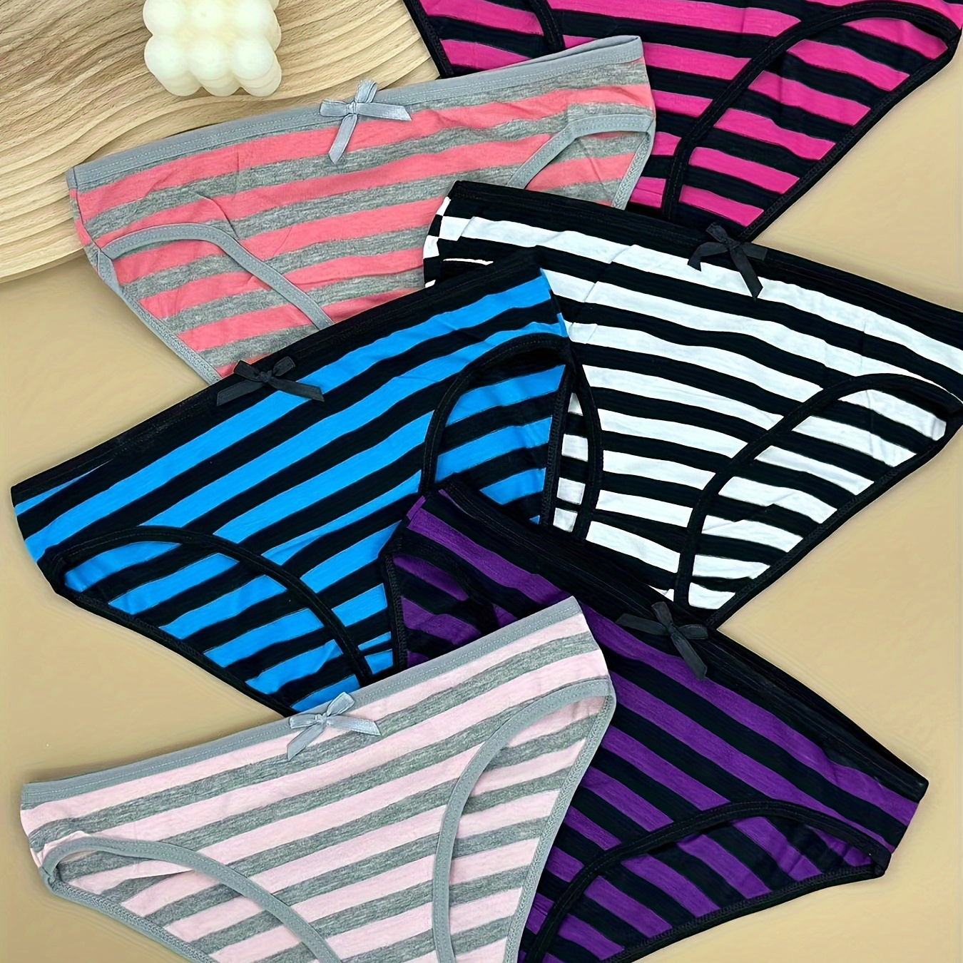 

6pcs Striped Bow Tie Briefs, Comfy & Breathable Stretchy Intimates Panties, Women's Lingerie & Underwear