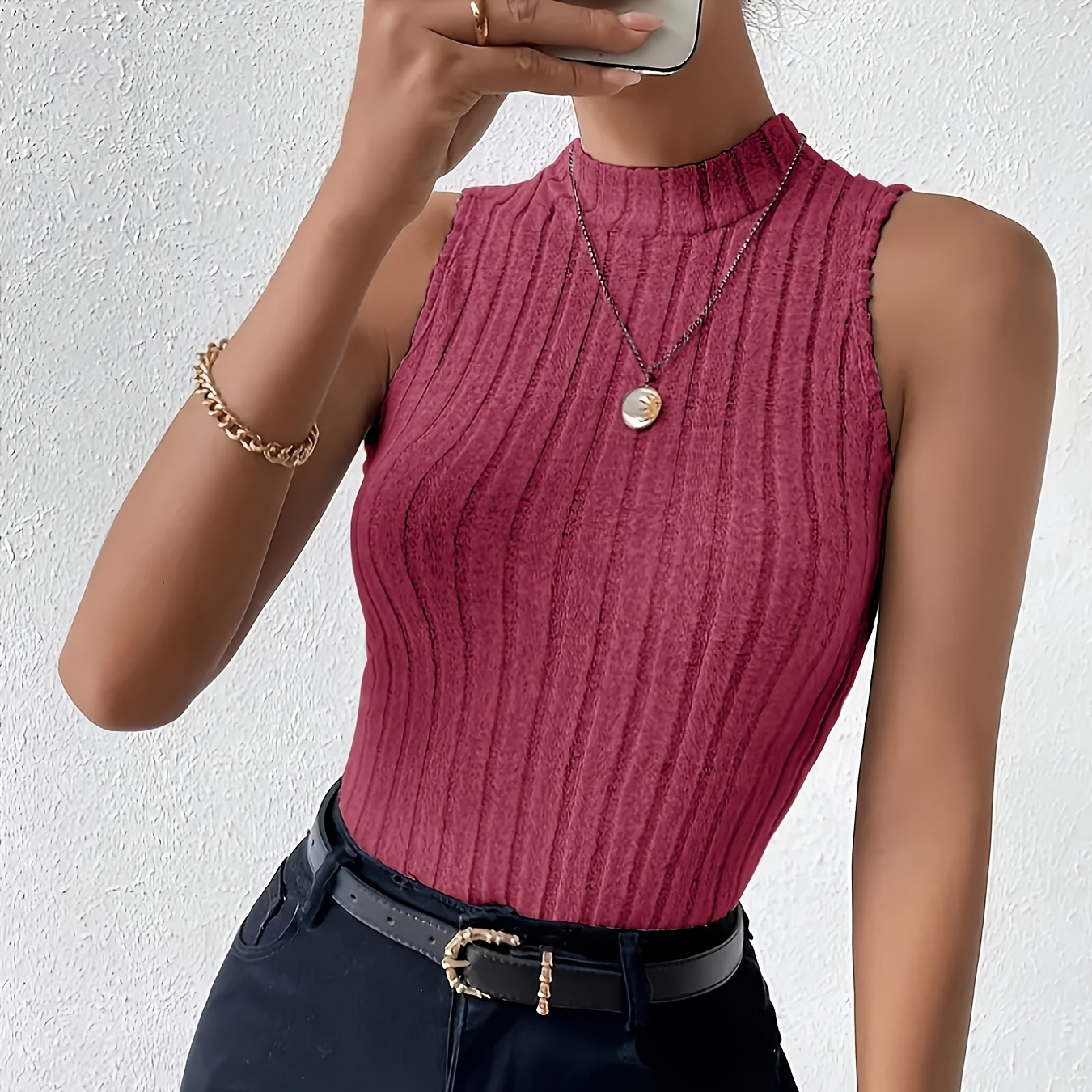 

Solid Color Mock Neck Tank Top, Vacation Ribbed Sleeveless Slim Fit Top For Spring & Summer, Women's Clothing