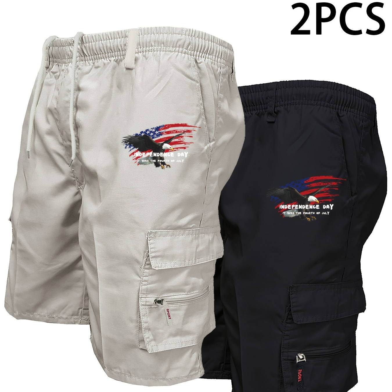 

2pcs Creative American Flag Graphic Print Men's Loose Fit Waist Drawstring Cargo Shorts With Side Pockets For Summer Outdoor Leisure And Work