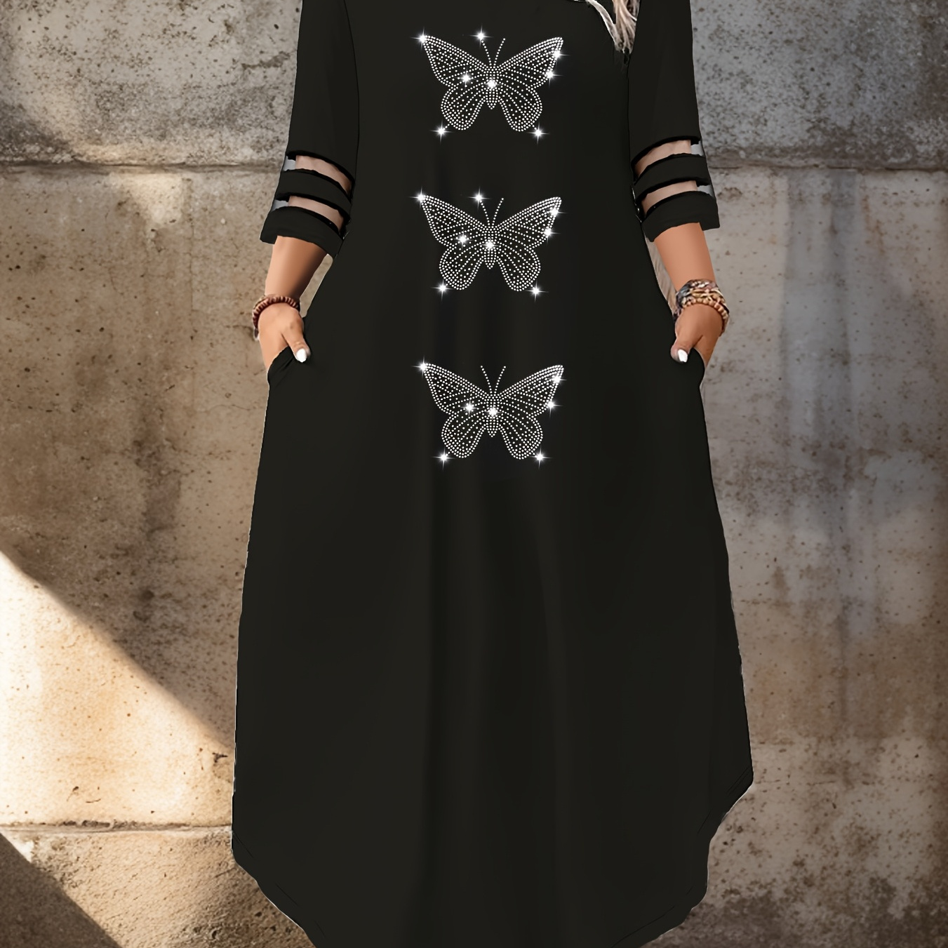 

Robe papillon grande taille avec strass, robe longue décontractée en contrastée à manches 3/4 avec poche, vêtements grande taille pour femmes