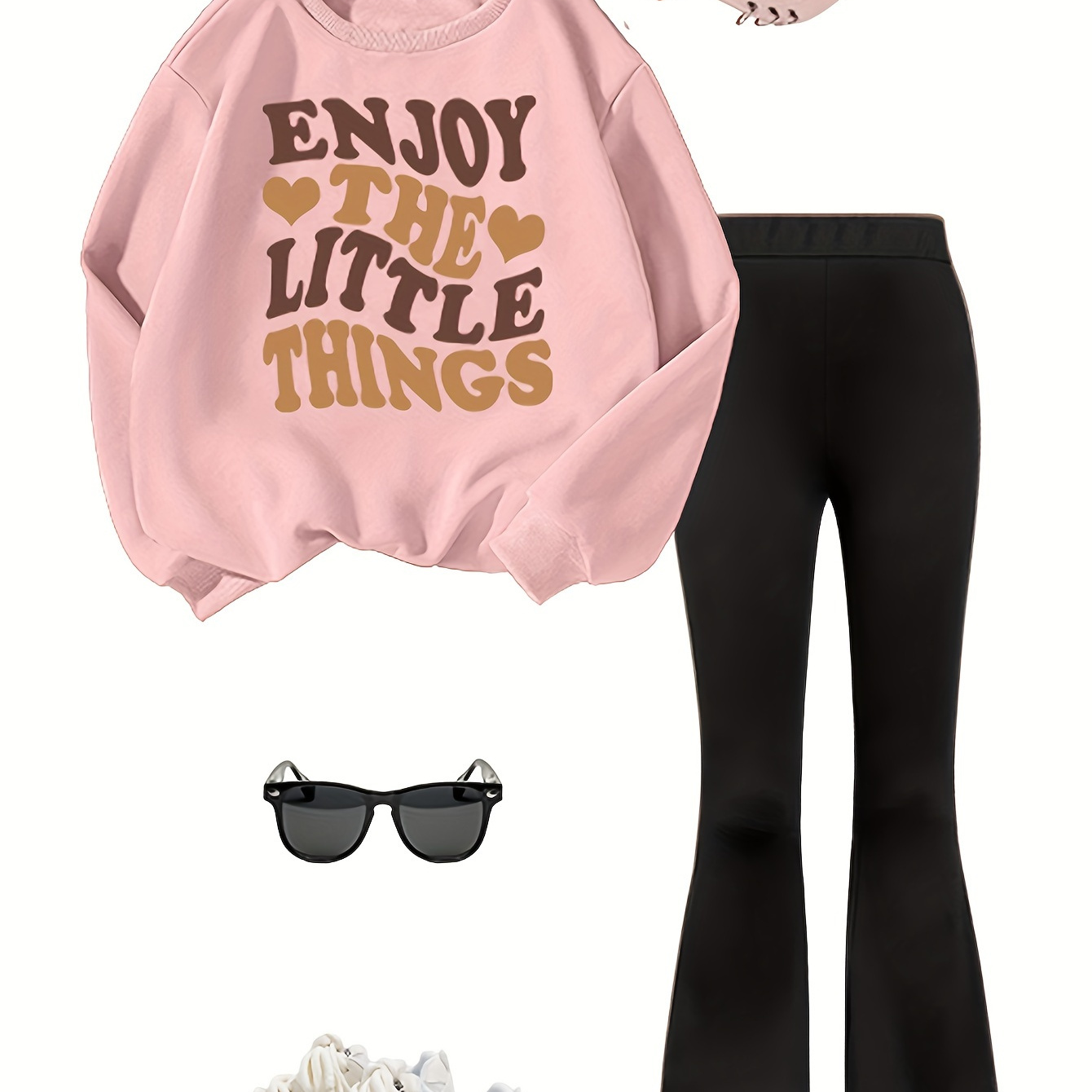 

Girls' Knitted Relaxed Fit "enjoy The Little Things" Sweatshirt And Bell-bottom Pants Set - Spring/fall