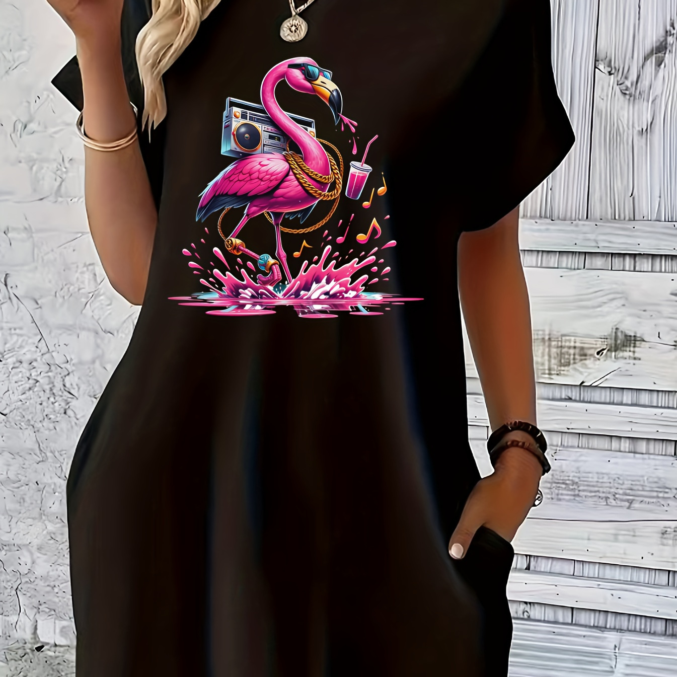 

Flamingo Print Crew Neck Tee Dress, Short Sleeve Casual Dress For Summer & Spring, Women's Clothing