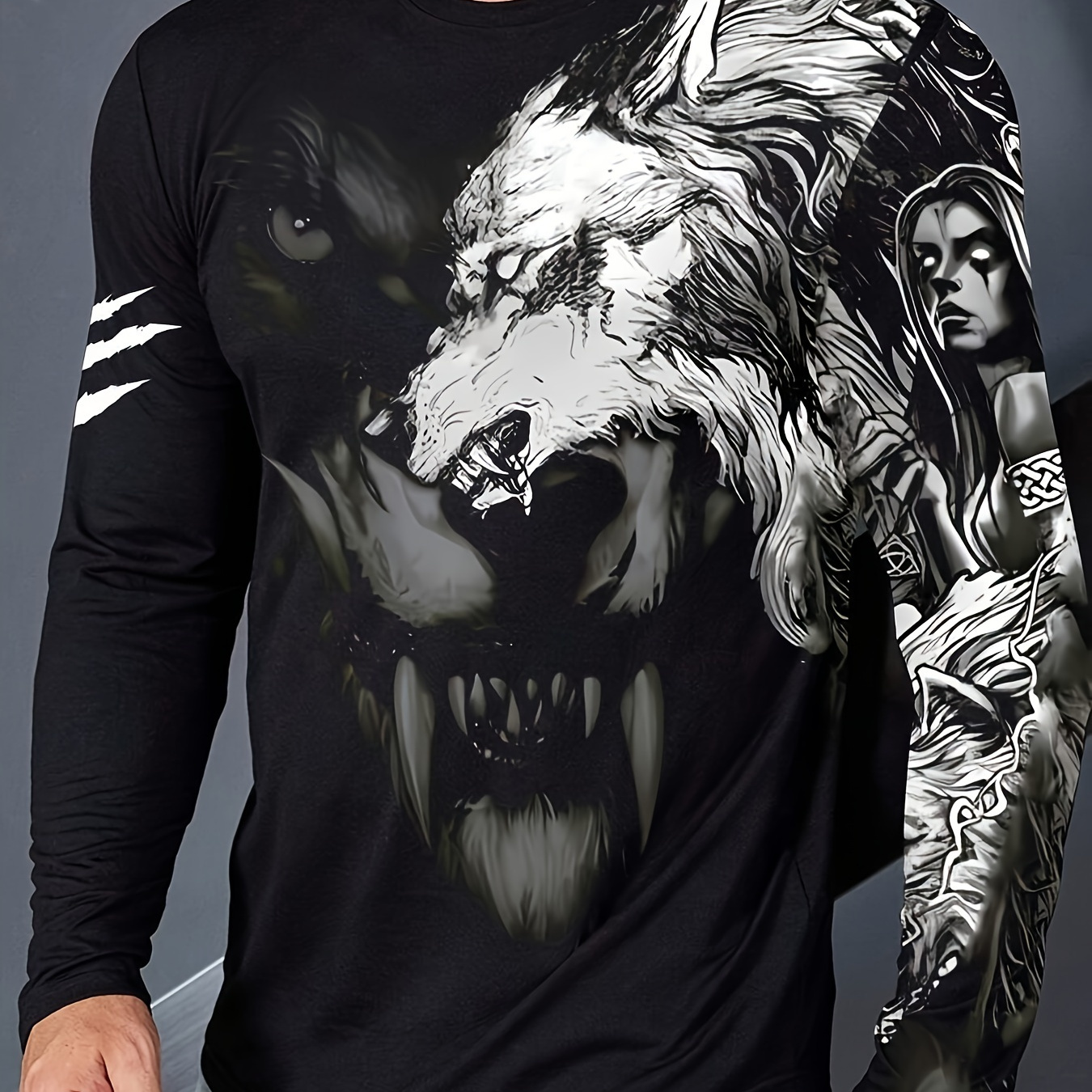 

Men's Casual Crew Neck T-shirt With 3d Wolf And Skull Print, Polyester Knit Fabric, Animal Pattern, Regular Fit Long Sleeve Pullover For Daily & Casual Wear, All-season Comfort - No Padding