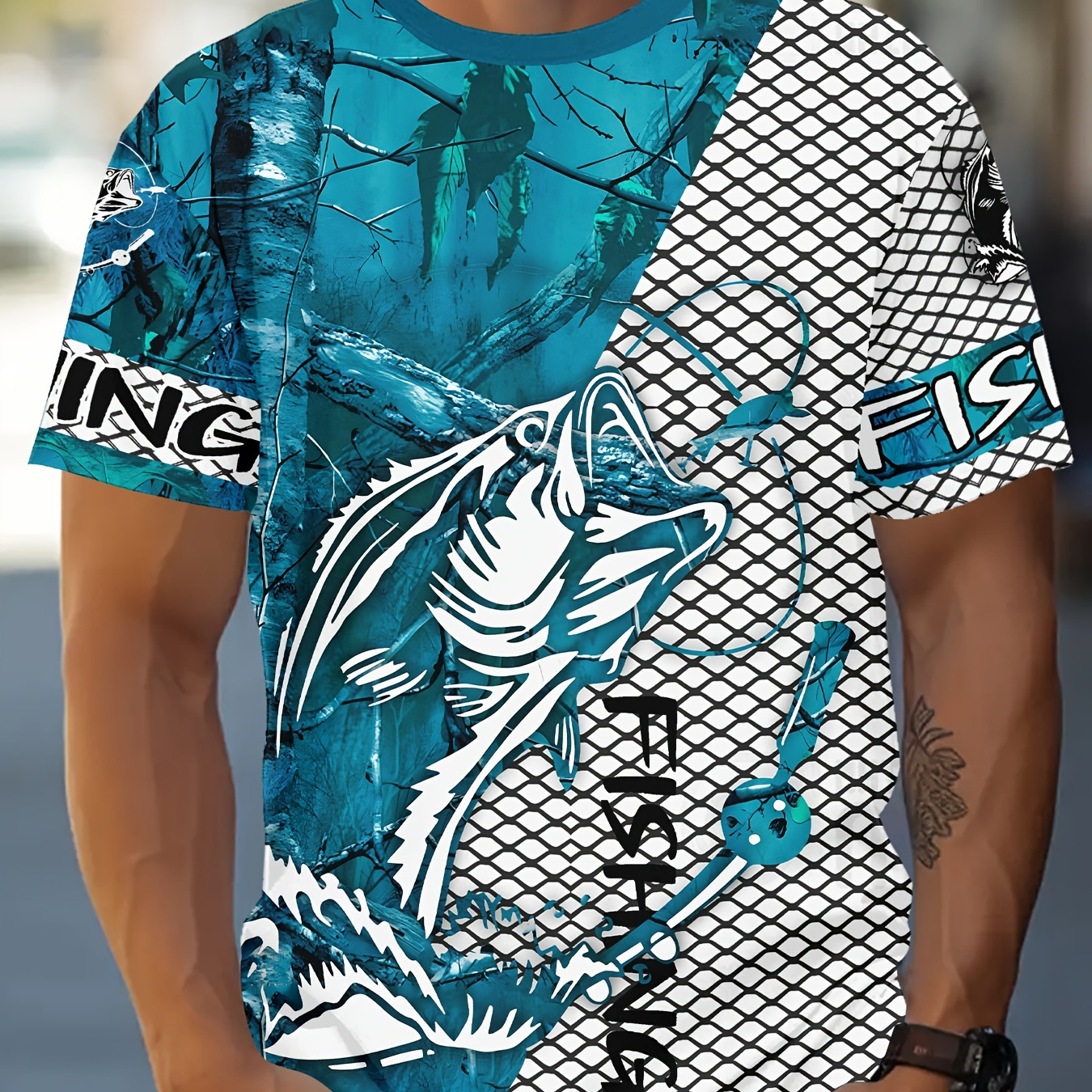

Men's Fish Print T-shirt, Casual Short Sleeve Crew Neck Tee, Men's Clothing For Outdoor