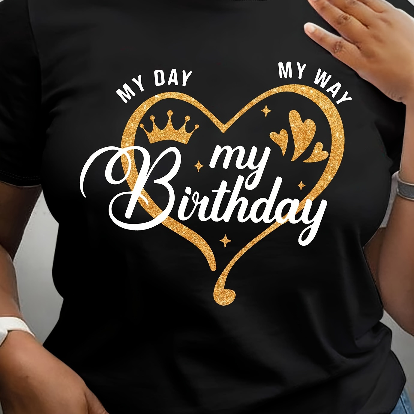 

My Birthday Print Crew Neck T-shirt, Casual Short Sleeve Summer Daily Top, Women's Clothing