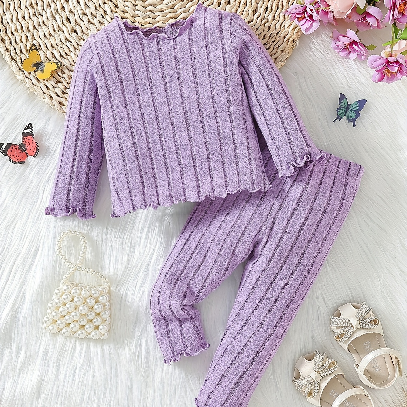 

2pcs Infant & Toddler's Solid Color Casual Ser, Long Sleeve Top & Pants, Baby Girl's Clothes