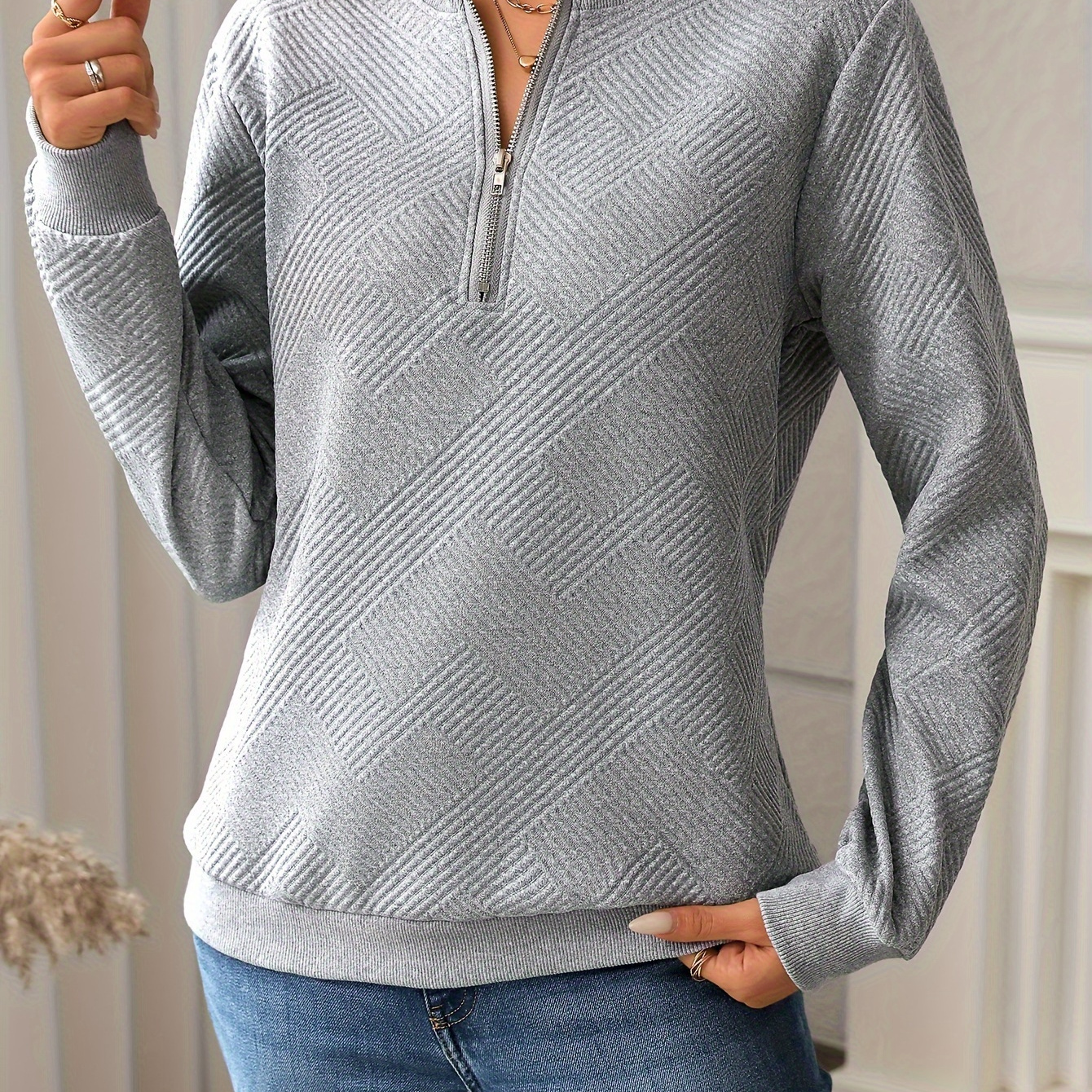 

Elegant Ribbed Zip-up Sweatshirt For Women - Solid Color, V-neck, Long Sleeve, Machine Washable - Fall
