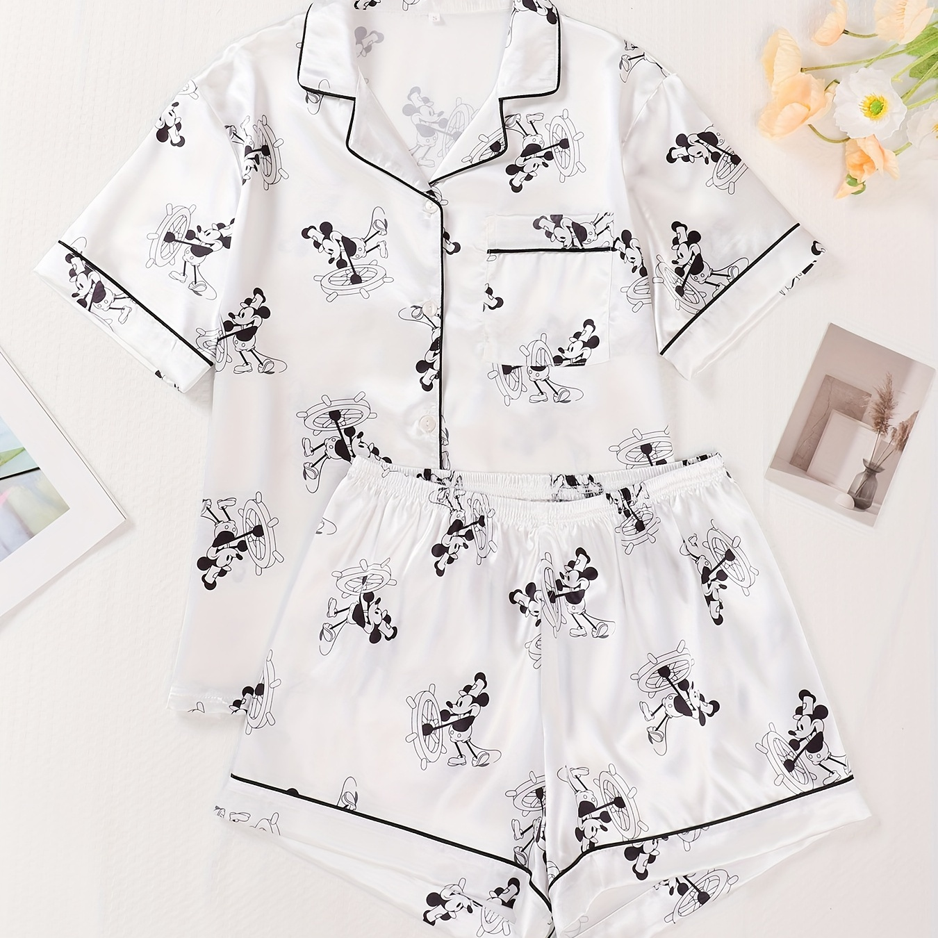 

Women's Cartoon Mouse Print Cute Satin Pajama Set, Short Sleeve Buttons Lapel Blouse & Shorts, Comfortable Relaxed Fit, Summer Nightwear
