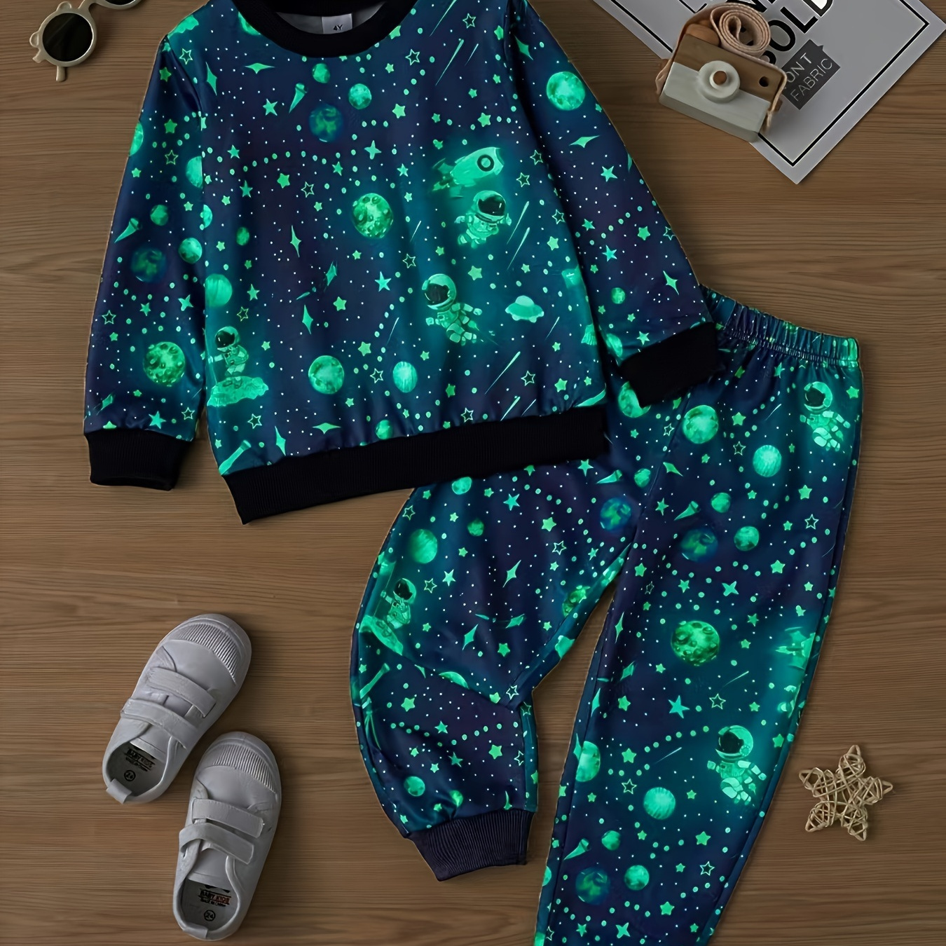 BOY'S THERMO LEGGINGS (HUGO) - PLANETS AND STARS ( GALAXY ) / dark blue -  sewing set - Sets and sewing patterns - Dresówka.pl