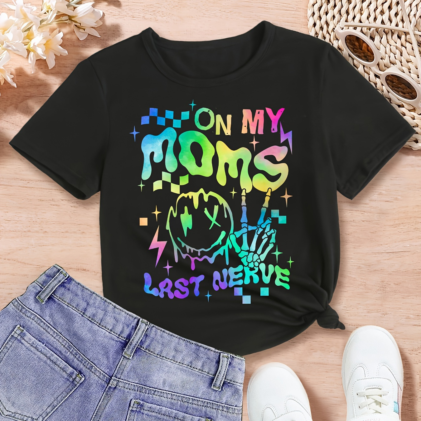 

On My Mom's Last Nerve And Cartoon Face With Skeletal Hand Graphic Print, Girls' Casual Crew Neck Short Sleeve T-shirt, Comfy Top Clothes For Spring And Summer For Outdoor Activities